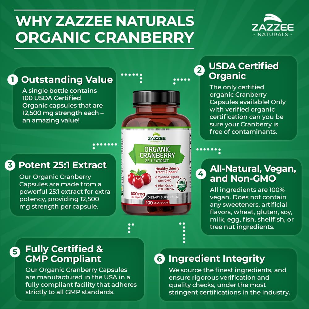 Zazzee USDA Organic Cranberry 25:1 Extract, 12,500 mg Strength, 100 Vegan Capsules ZazzeeUS supplements