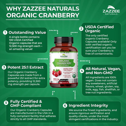 Zazzee USDA Organic Cranberry 25:1 Extract, 12,500 mg Strength, 100 Vegan Capsules ZazzeeUS supplements