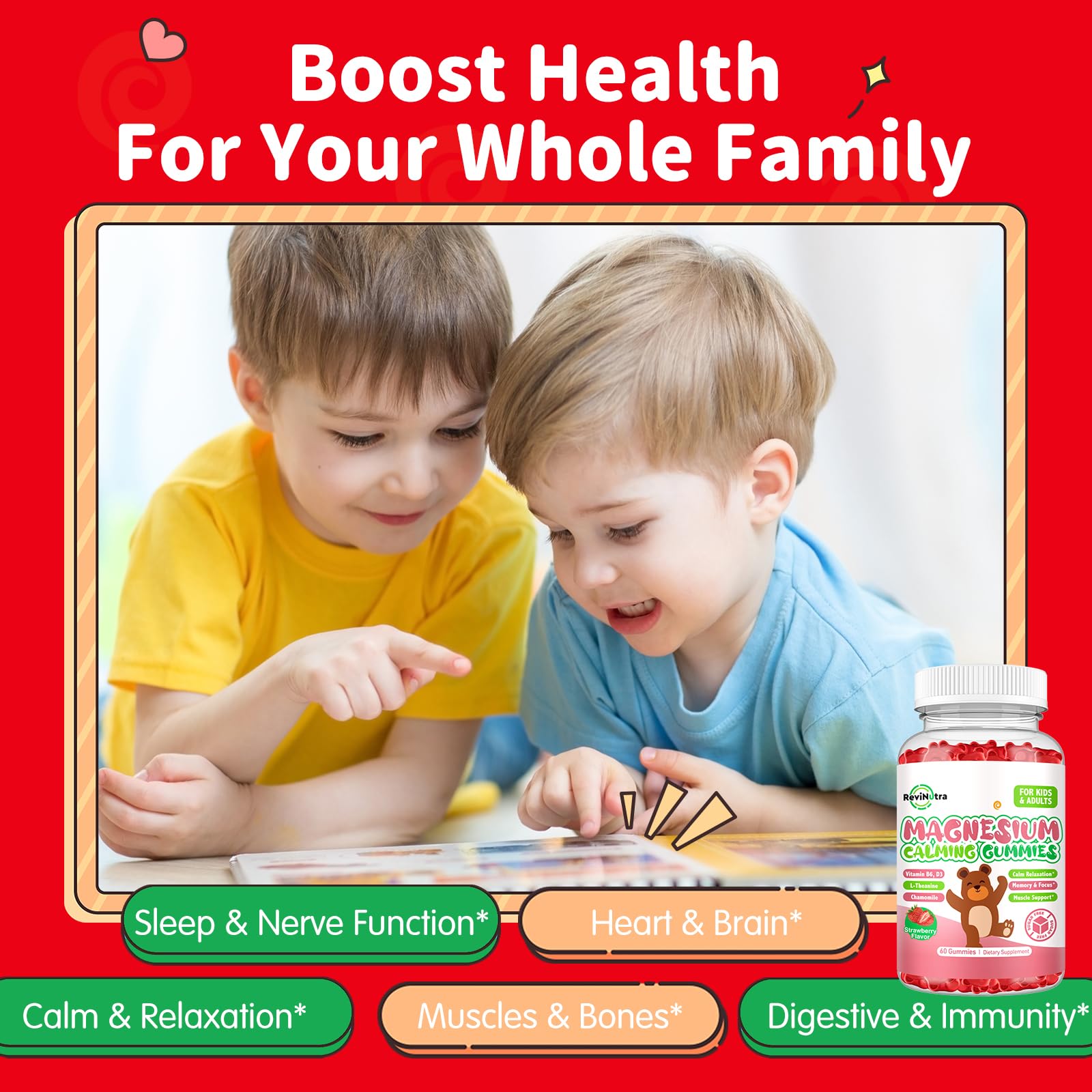 Magnesium Gummies for Kids - Magnesium Glycinate Gummies Supplement with L-Theanine, Vitamin B6, D3 for Kids & Adults Sleep, Calm, Relaxation, Brain, Bones, Sugar Free Strawberry 60ct ReviNutraAu supplements