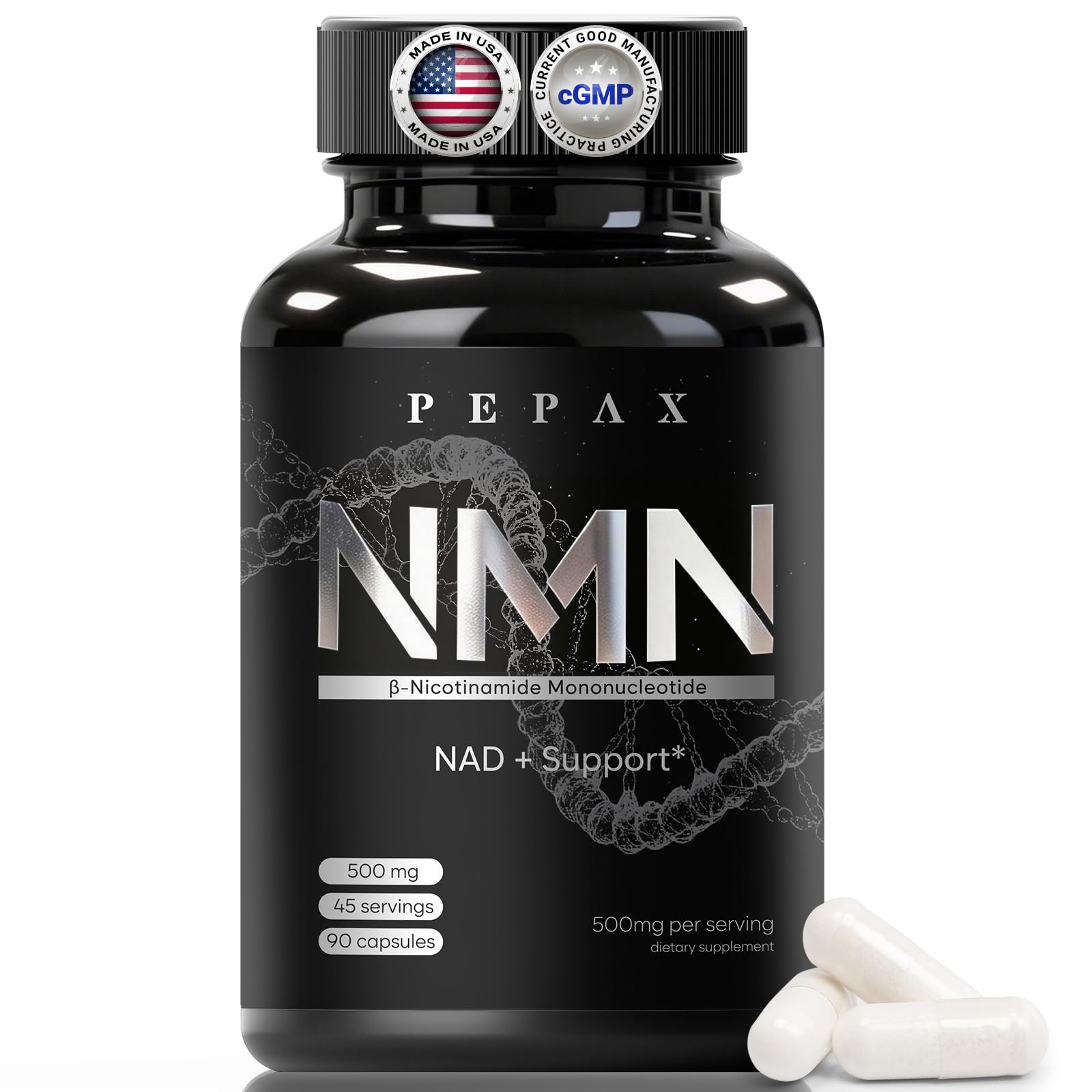 PEPAX NMN Supplement 500mg - 99% Pure NMN Supplement Capsules for Increased NAD Levels & Healthy Aging - Third Party Tested Stabilized Capsules, cGMP Certified, 90 Liposomal NMN (45 Servings) PEPAXAu supplements
