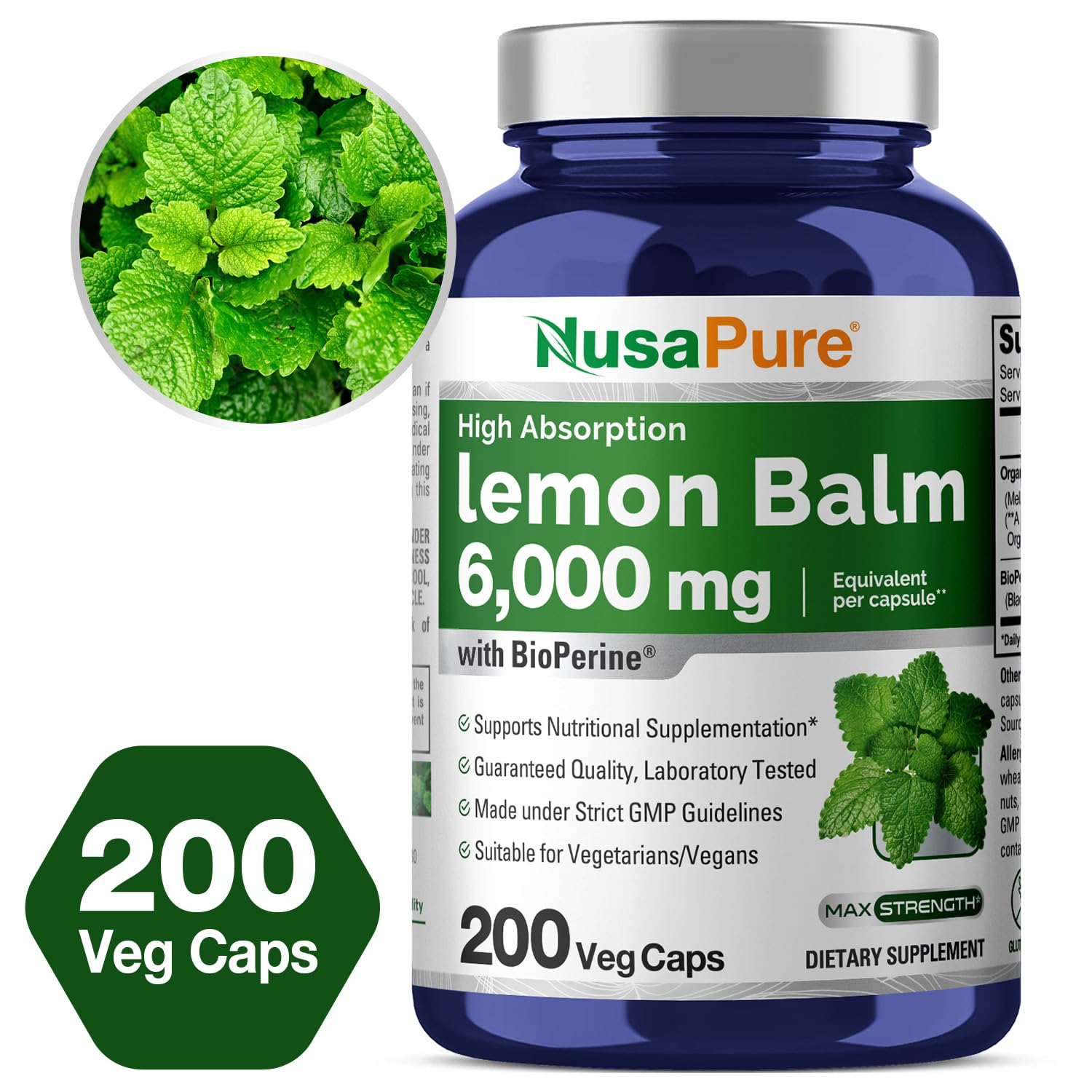 NusaPure Lemon Balm 30:1 Extract, 200 mg Equivalent to 6000mg Per Vegan Caps - 200 Count Non-GMO, Vegan Bioperine NusaPureAu supplements