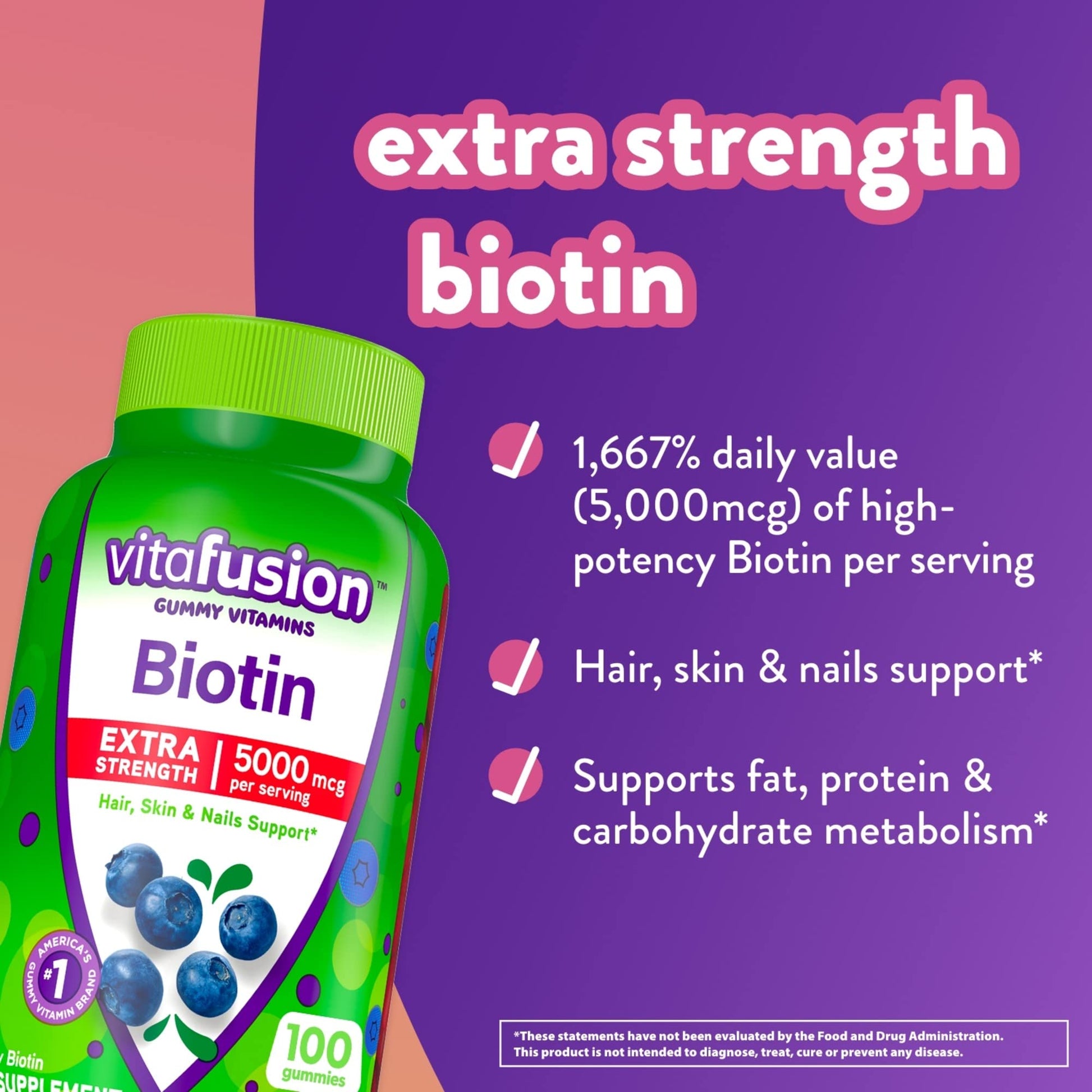 vitafusion Extra Strength Biotin Gummy Vitamins, Berry Flavored, 5,000 mcg Biotin Vitamins VitafusionAu supplements