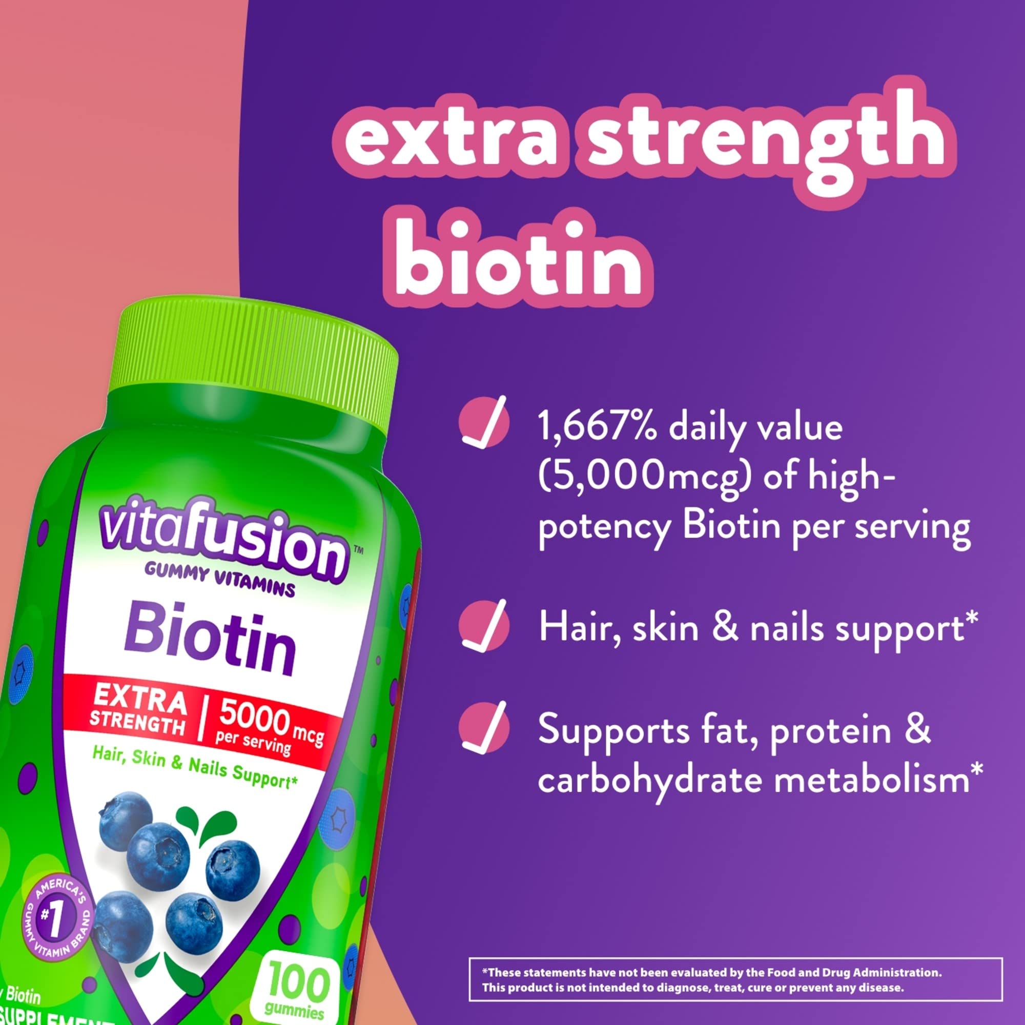 vitafusion Extra Strength Biotin Gummy Vitamins, Berry Flavored, 5,000 mcg Biotin Vitamins VitafusionAu supplements