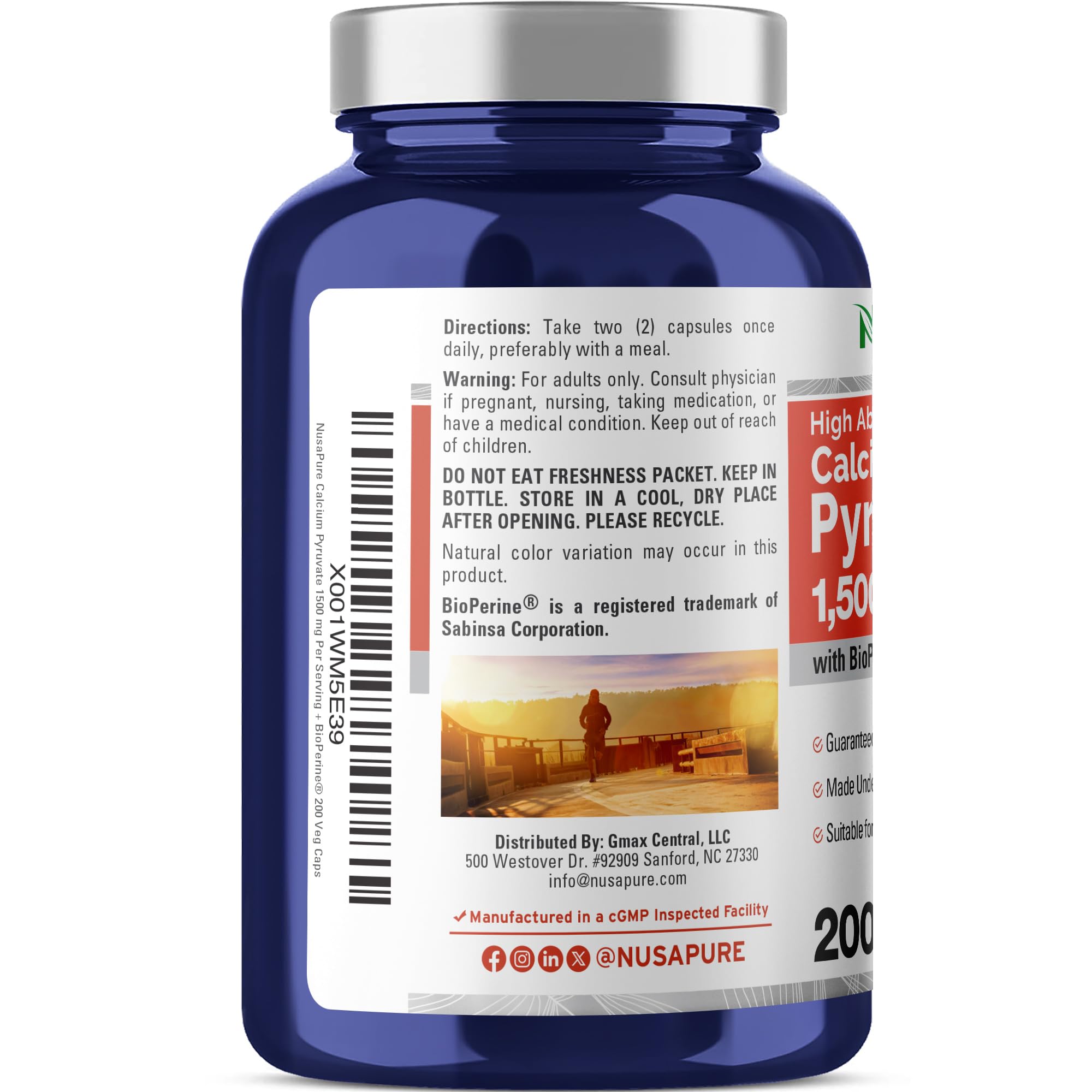NusaPure Calcium Pyruvate - Suitable for Vegetarian/Vegan, Non - GMO - 1500 mg - 200 Capsules NusaPureAu supplements