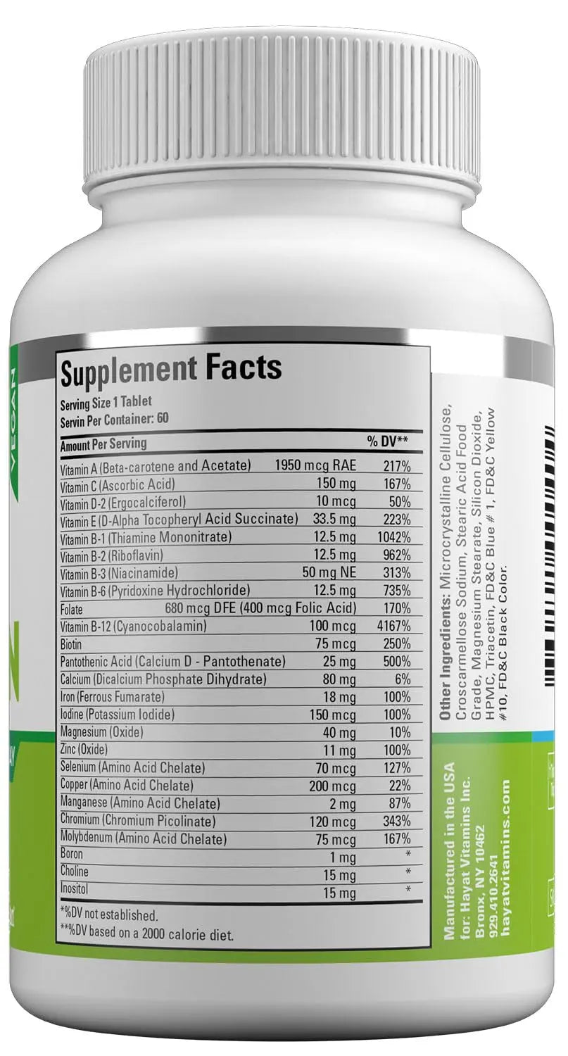 HAYAT Vitamins Vegan Natural Multivitamin, Daily Vitamins with Vitamin A, C, D, E, B1, B2, B3, B6, B12, Biotin, Zinc and More, 2 Month Supply, All Natural HAYATAu supplements
