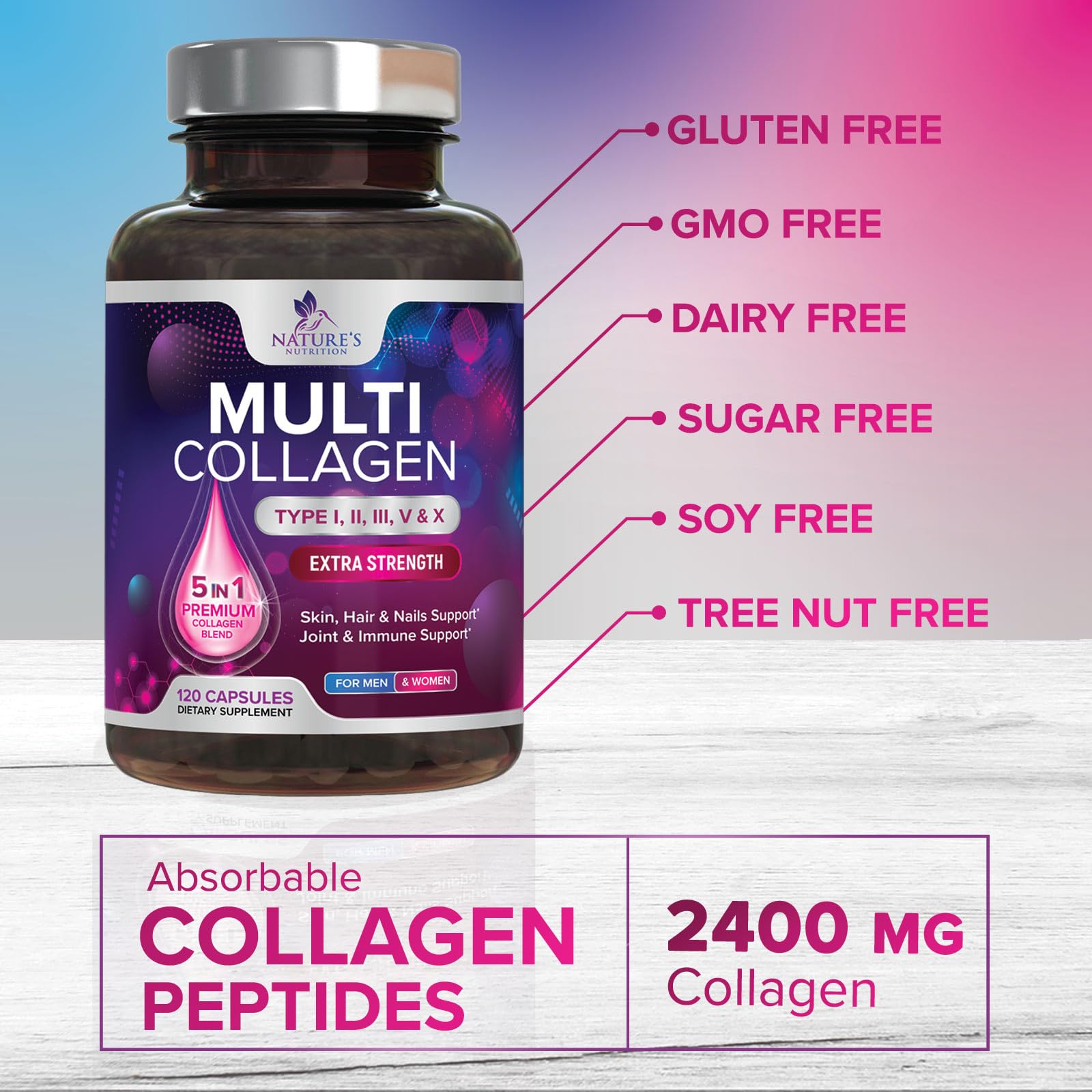 Multi Collagen Pills 2400 mg - Advanced Types I, II, III, V, X - Hydrolyzed Multi Collagen Peptides Pills, Collagen Supplements for Women & Men - Hair, Skin, & Nail Support Supplement - 120 Capsules Nature's NutritionAu supplements
