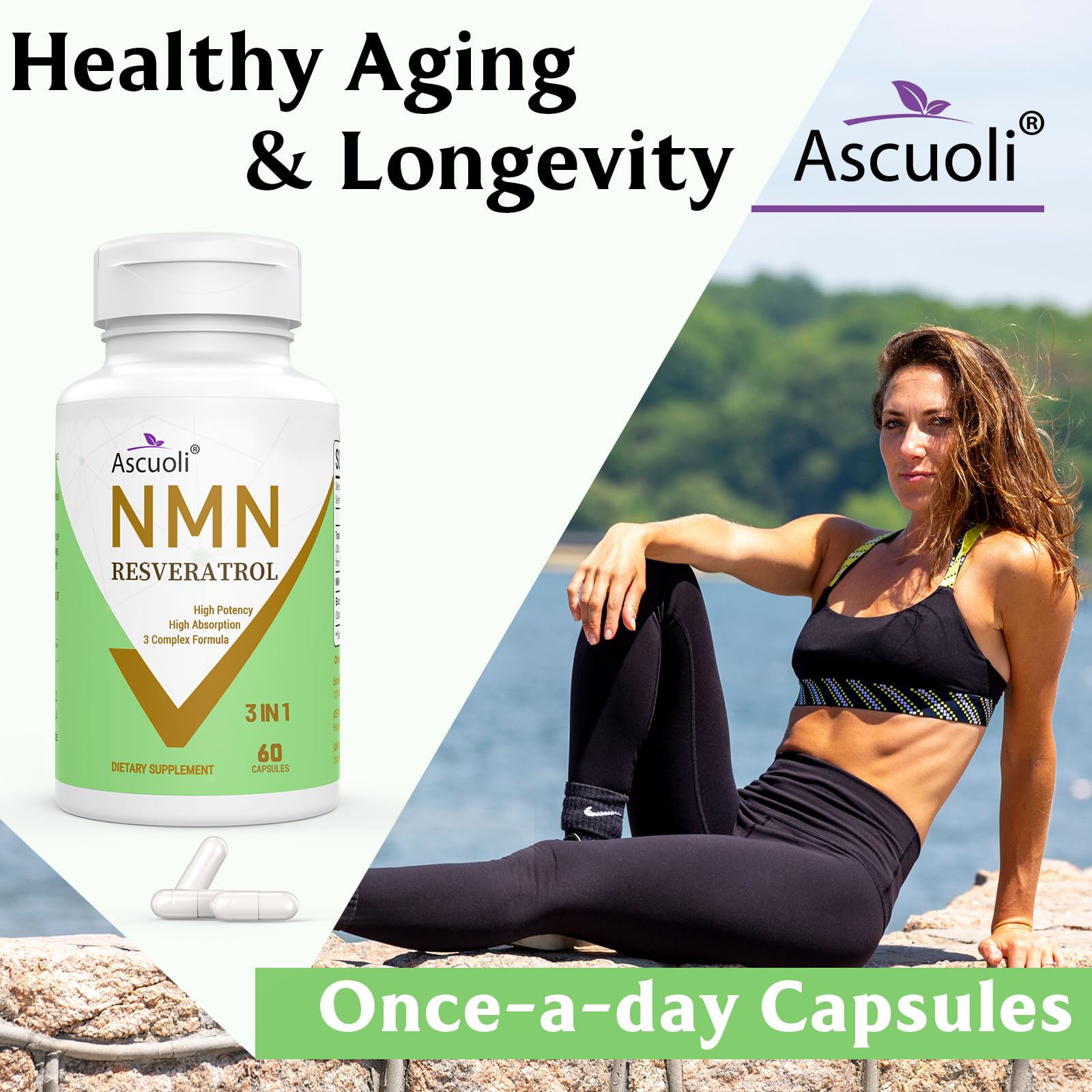 99% Ultra Purity NMN 500mg + Trans-Resveratrol 600mg, 1150mg NMN Resveratrol Supplement, 3-in-1 Advanced Formula for Boost* NAD, Cell, Immune, Energy & Muscle, Healthy Aging, Stabilized Form - 60 Caps AscuoliAu supplements