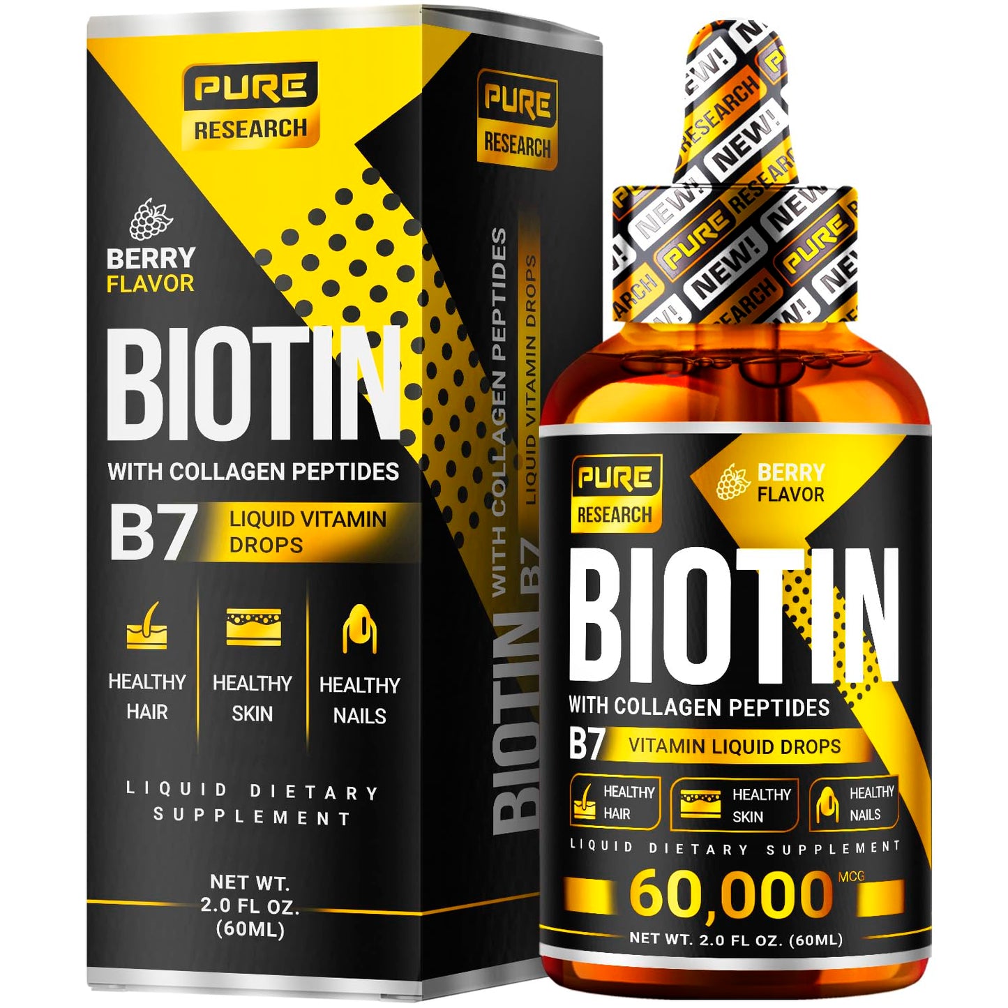 PURE RESEARCH Liquid Biotin & Collagen Hair Growth Drops 60,000mcg – Biotin and Liquid Collagen Supplements for Women & Men – Supports Glowing Skin PURE RESEARCHUS supplements