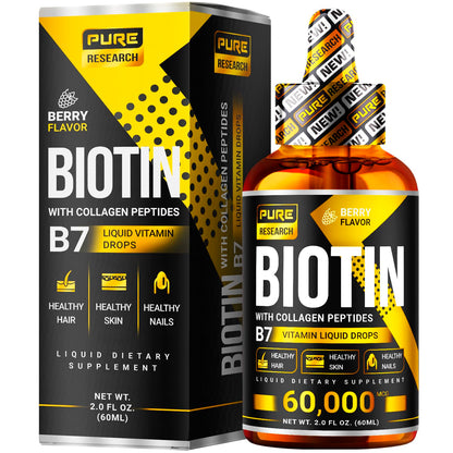 PURE RESEARCH Liquid Biotin & Collagen Hair Growth Drops 60,000mcg – Biotin and Liquid Collagen Supplements for Women & Men – Supports Glowing Skin PURE RESEARCHUS supplements