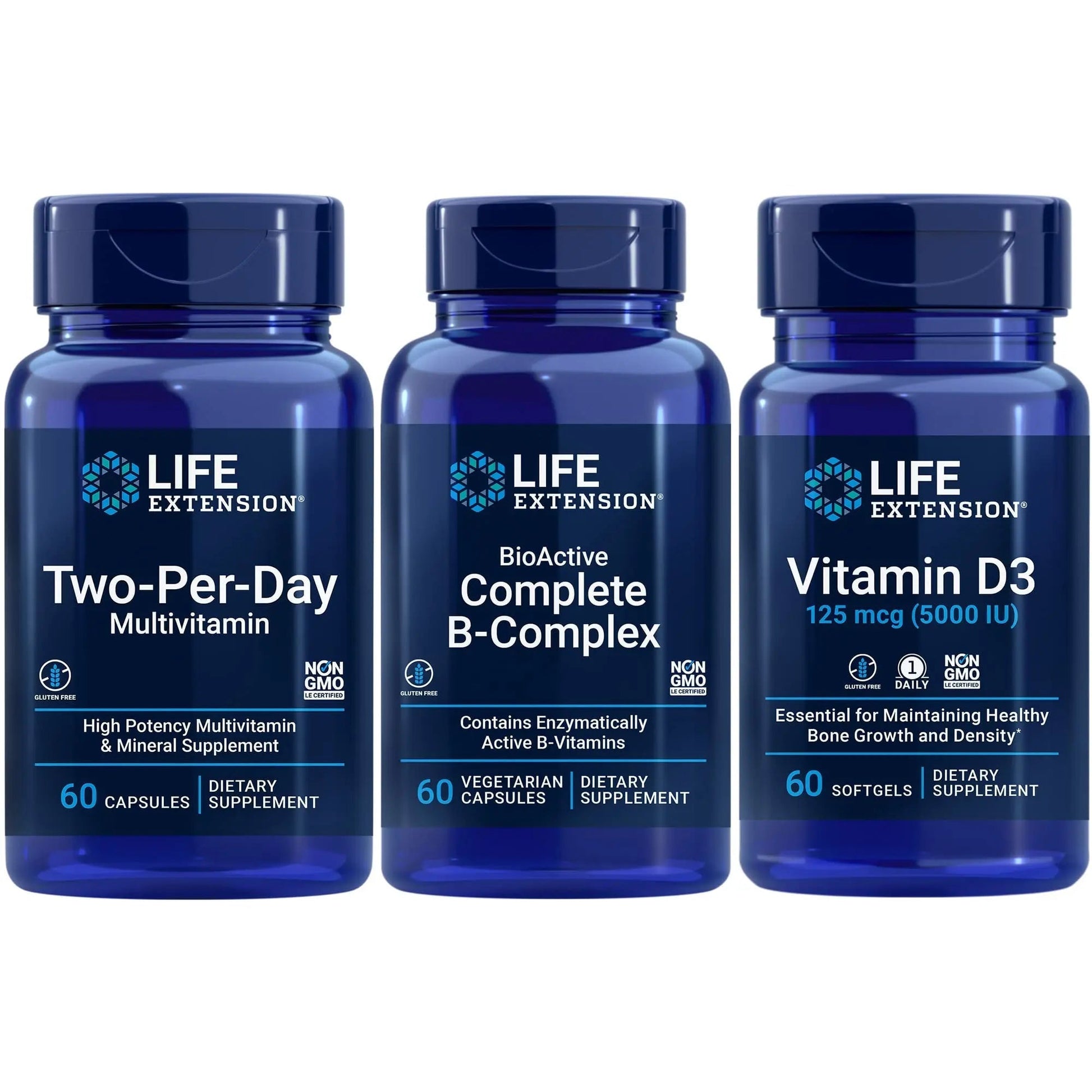 Life Extension Two-Per-Day Multivitamin, 60 capsules | BioActive Complete B-Complex, 60 capsules | Vitamin D3 125 mcg (5000 IU), 60 softgels | Bone & immune health, energy and metabolism support Life ExtensionAu supplements