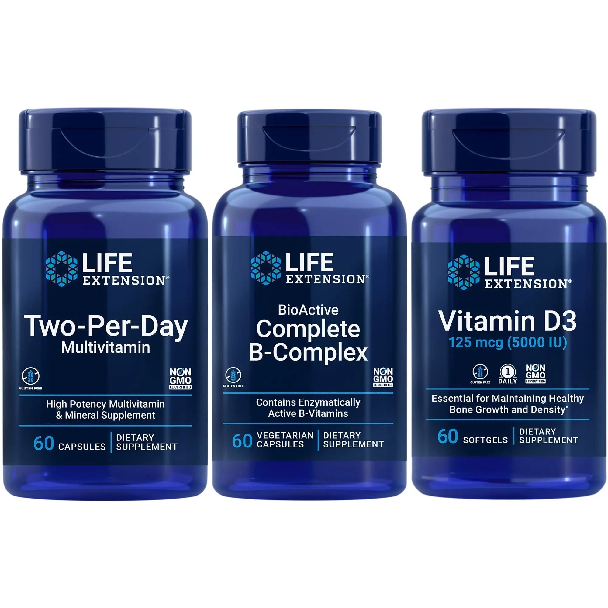 Life Extension Two-Per-Day Multivitamin, 60 capsules | BioActive Complete B-Complex, 60 capsules | Vitamin D3 125 mcg (5000 IU), 60 softgels | Bone & immune health, energy and metabolism support Life ExtensionAu supplements