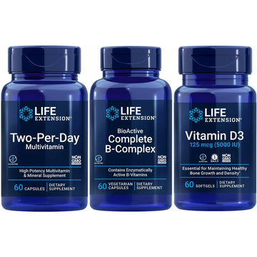 Life Extension Two-Per-Day Multivitamin, 60 capsules | BioActive Complete B-Complex, 60 capsules | Vitamin D3 125 mcg (5000 IU), 60 softgels | Bone & immune health, energy and metabolism support Life ExtensionAu supplements