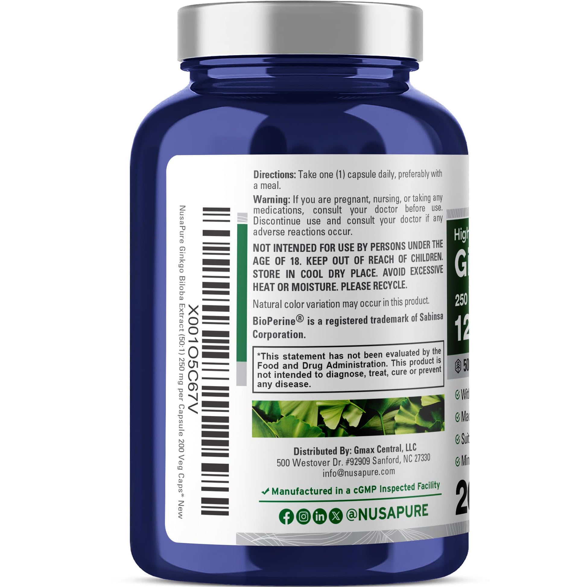 NusaPure Ginkgo Biloba 50:1 Extract, 250 mg Equivalent to 12,500 mg per Veggie Caps 200 Capsules (Vegetarian, Non-GMO, Vegan) Bioperine NusaPureAu supplements