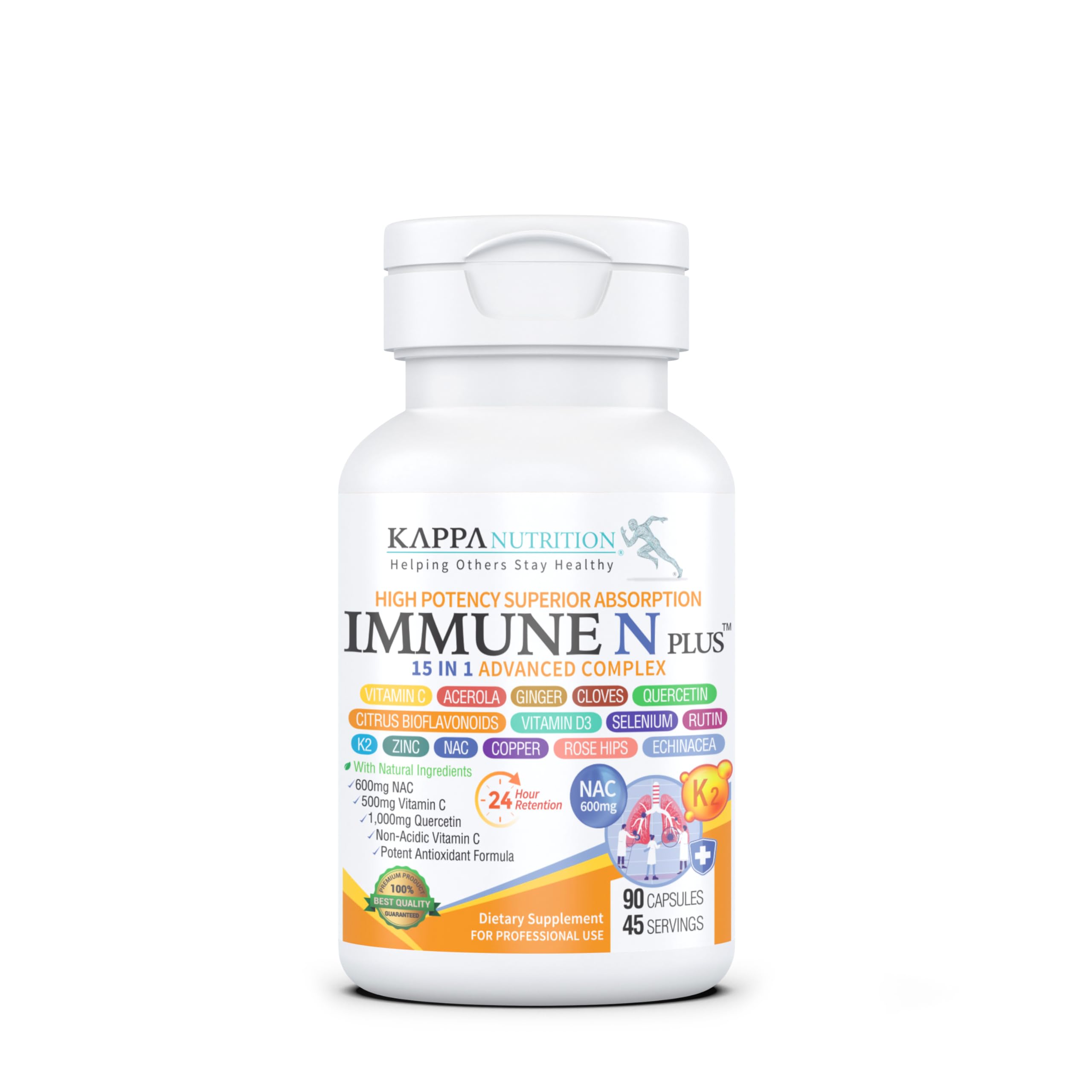 (90 Capsules), NAC 600mg, Quercetin 1,000mg, Vitamin C 500mg, Zinc 50mg, Vitamin D3 5,000iu, Selenium, Copper, Acerola, Ginger, Rutin, Citrus Bioflavonoids, Rose Hips, Echinacea, Immune N Plus 15 in 1 KAPPA NUTRITIONAu supplements