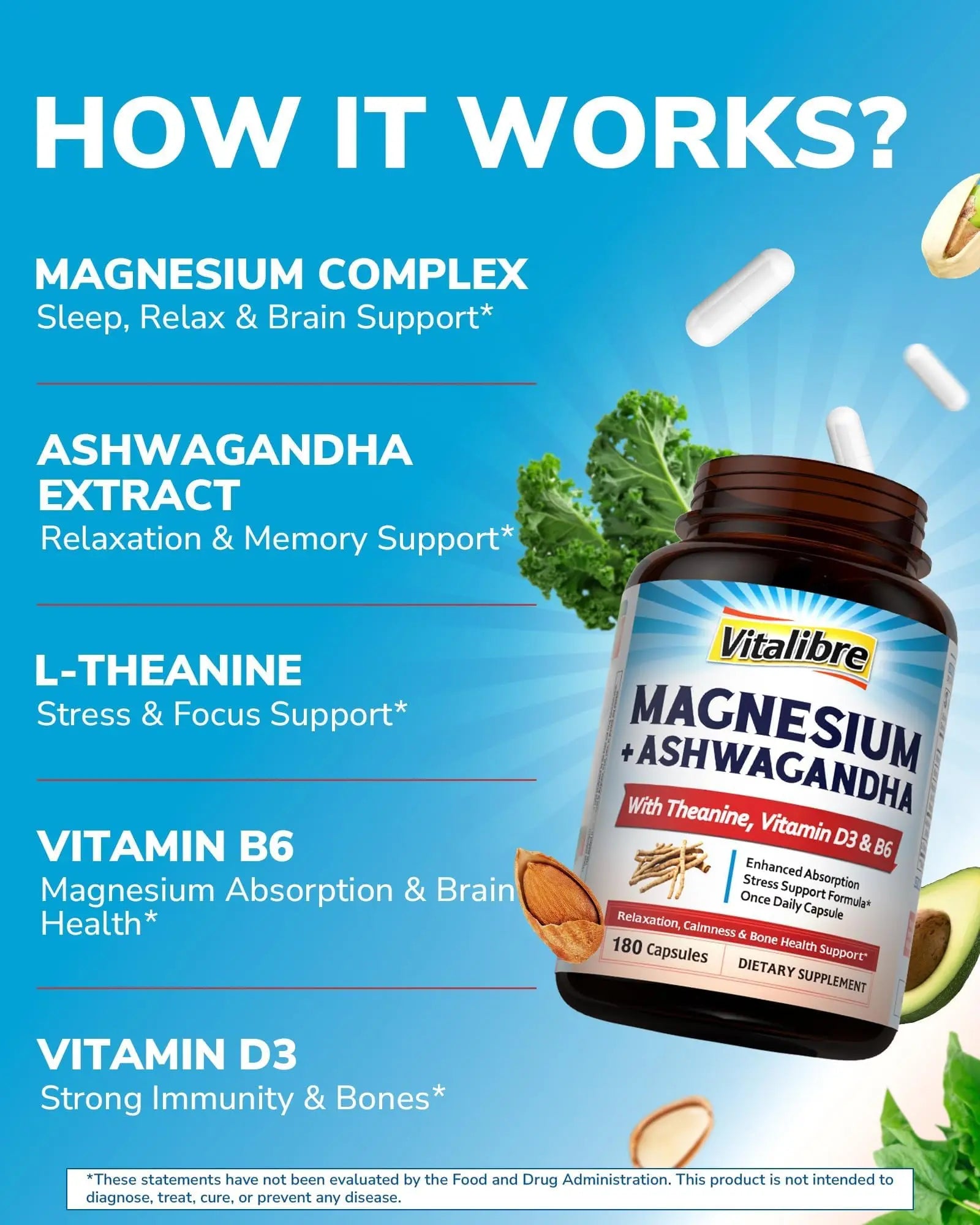 Vitalibre Magnesium Complex with Ashwagandha & L-Theanine - Stress Relief, Bone & Relaxation Support - w/Vitamin D3, B6 - Glycinate, Citrate, Malate, Taurate - 90 Vegan Capsules, Non-GMO, Gluten Free Vitalibrenz supplements