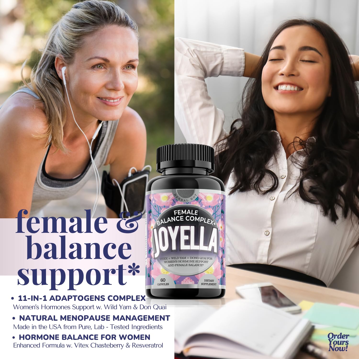11-in-1 Hormonal Balance, Relief for Menopause Symptoms, Helps Reduce Hot Flashes, Night Sweats, and Mood Swings, Clinically Proven Ingredients, Natural PMS Support, Made in USA, 3rd Party-Tested HERBAL HOTAu supplements