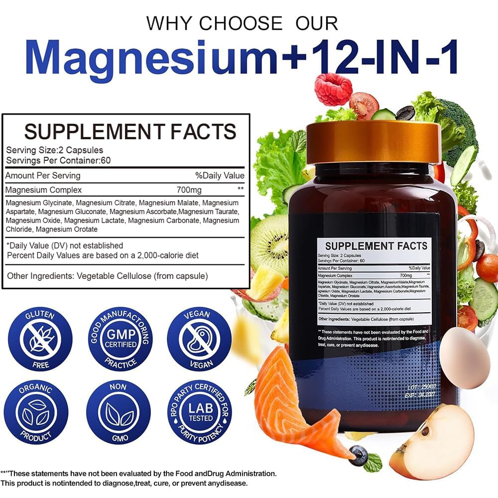 Magnesium Complex 700mg – 12-in-1 Magnesium Supplement with Glycinate, Citrate, Malate, Oxide, Taurate & More – High Absorption for Muscle, Heart, Sleep, Bone, Nerve Support –120 Capsules VccvaaAu supplements