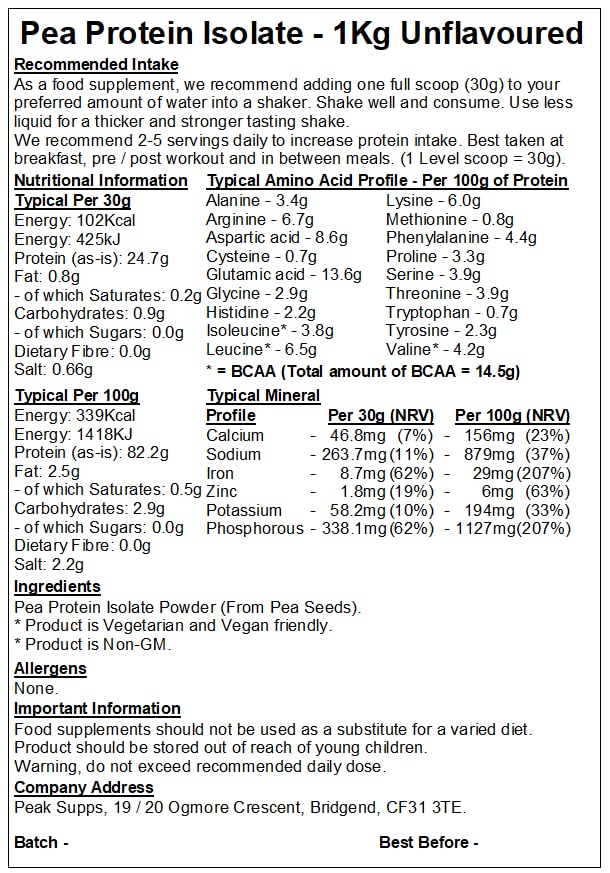 Pea Protein Isolate Powder 1kg - Packaging May Vary (Unflavoured) Peak SuppsUS supplements