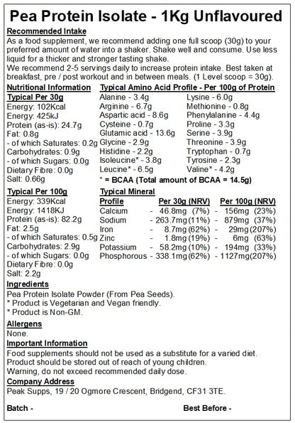 Pea Protein Isolate Powder 1kg - Packaging May Vary (Unflavoured) Peak SuppsUS supplements