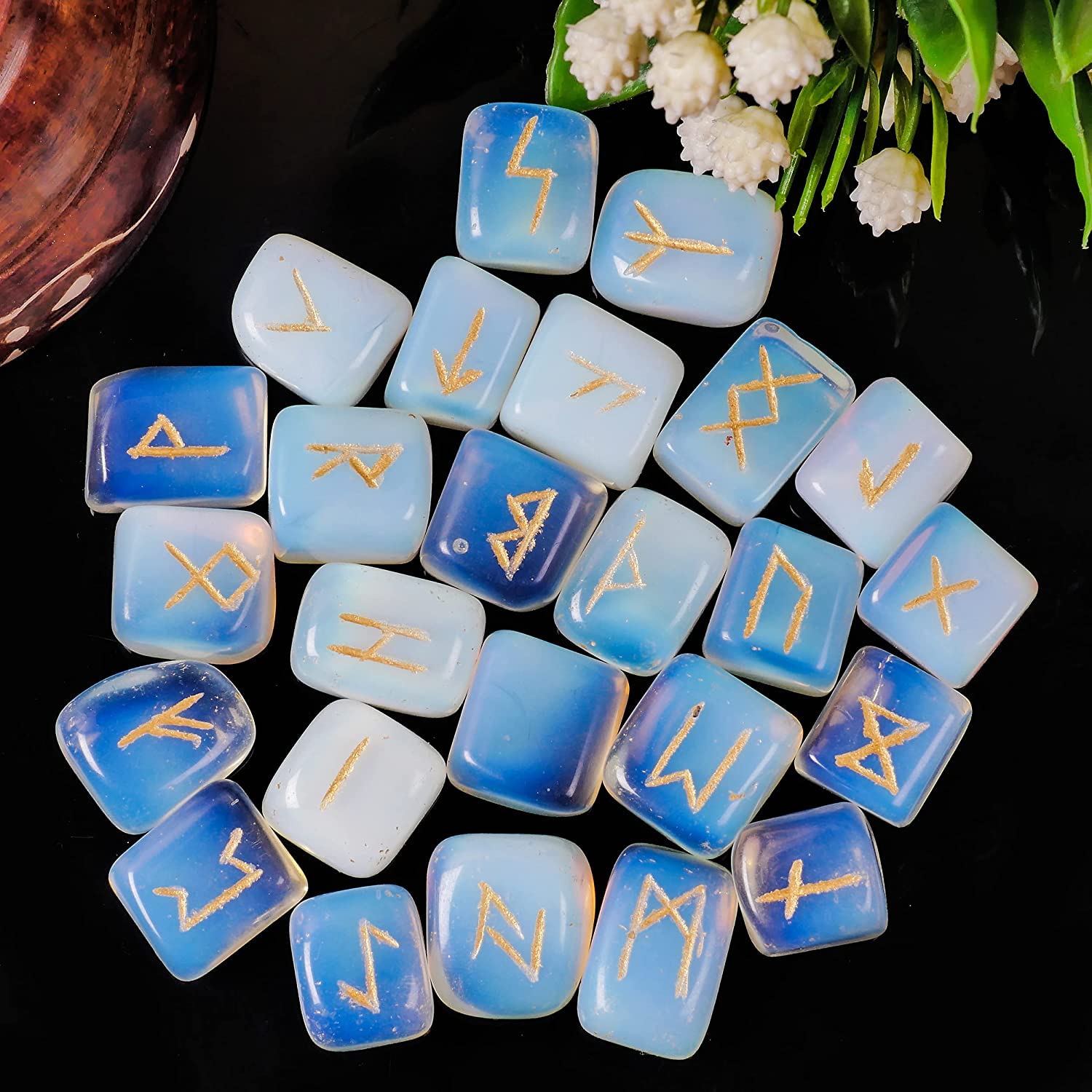Opalite Rune Stone - Rune Set - Engraved Elder Futhark Alphabet Symbols - Witchcraft Crystals QUIPSAAu supplements