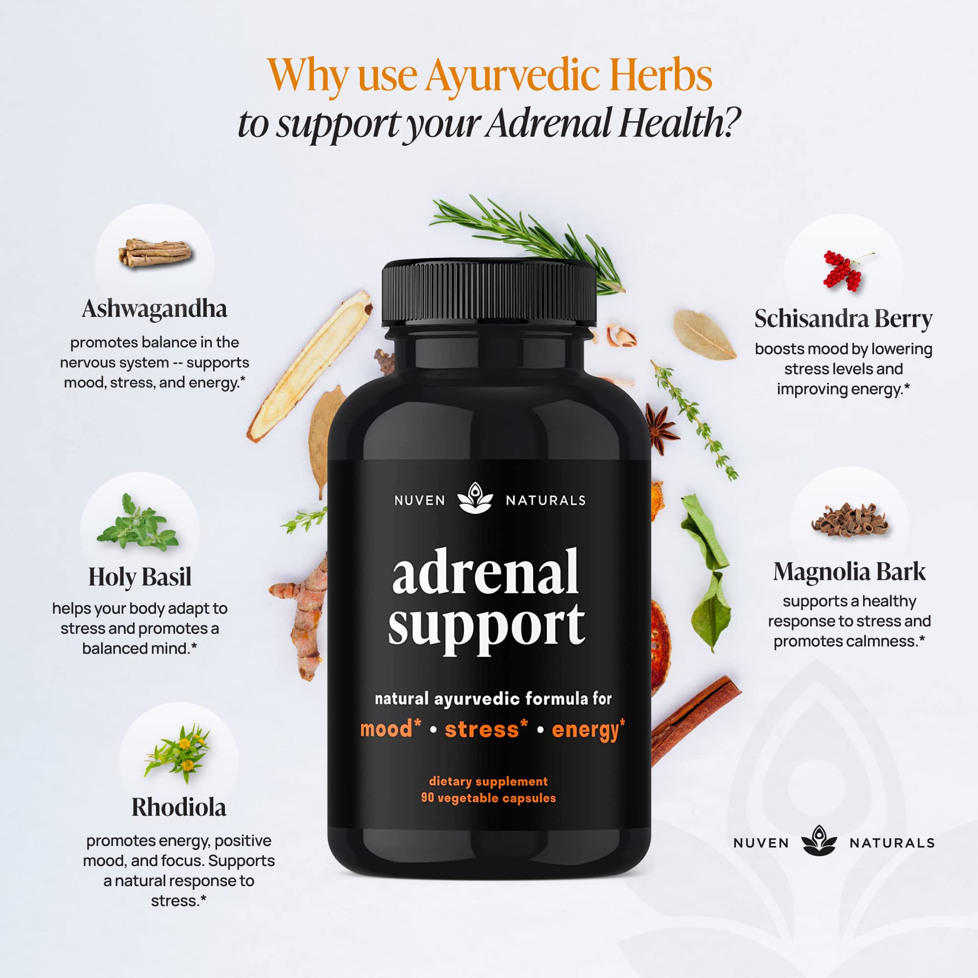 Nuven Naturals Adrenal Support - Cortisol Manager & Adrenal Support Supplements with Ashwagandha Extract, Rhodiola Rosea, Holy Basil to Help Stress, Fatigue & Energy | Adaptogens | 90 Capsules Nuven NaturalsAu supplements