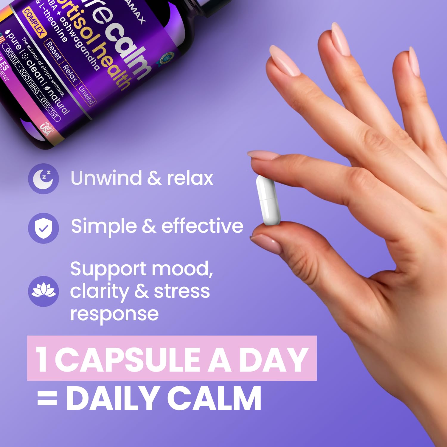 Vitamax Pure Calm Cortisol Supplements for Women - L Theanine, Ashwagandha, GABA for Relaxation, Mood & Stress Support with Ginkgo Biloba, Bacopa Monnieri, 5-HTP – Non-GMO, Made in USA – 60ct VitamaxAu supplements