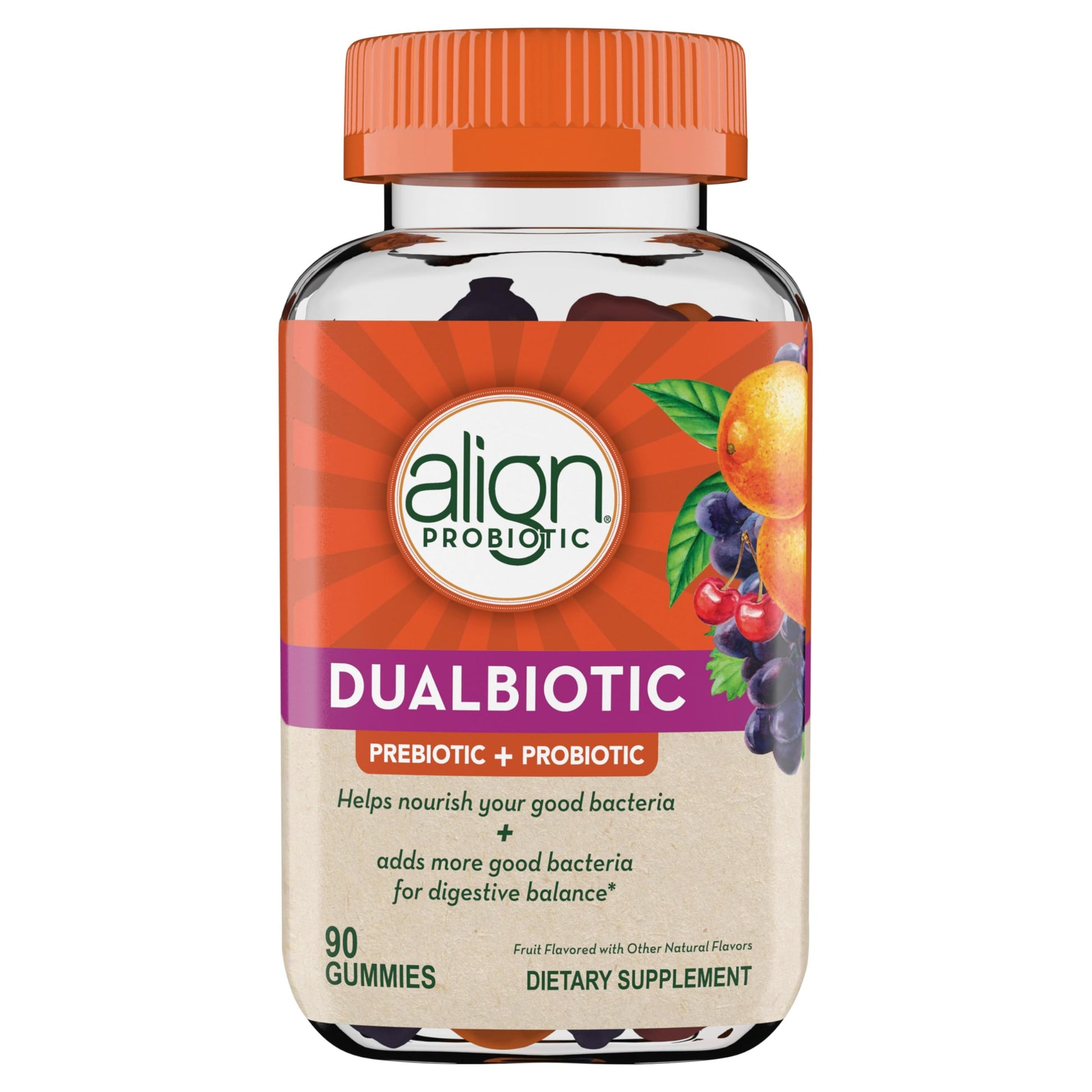 Align Dualbiotic, Prebiotics and Probiotics for Women and Men, Probiotics for Digestive Health, Prebiotics Help Nourish Good Bacteria, Natural Fruit Flavors, 90 Probiotic Gummies AlignAu supplements