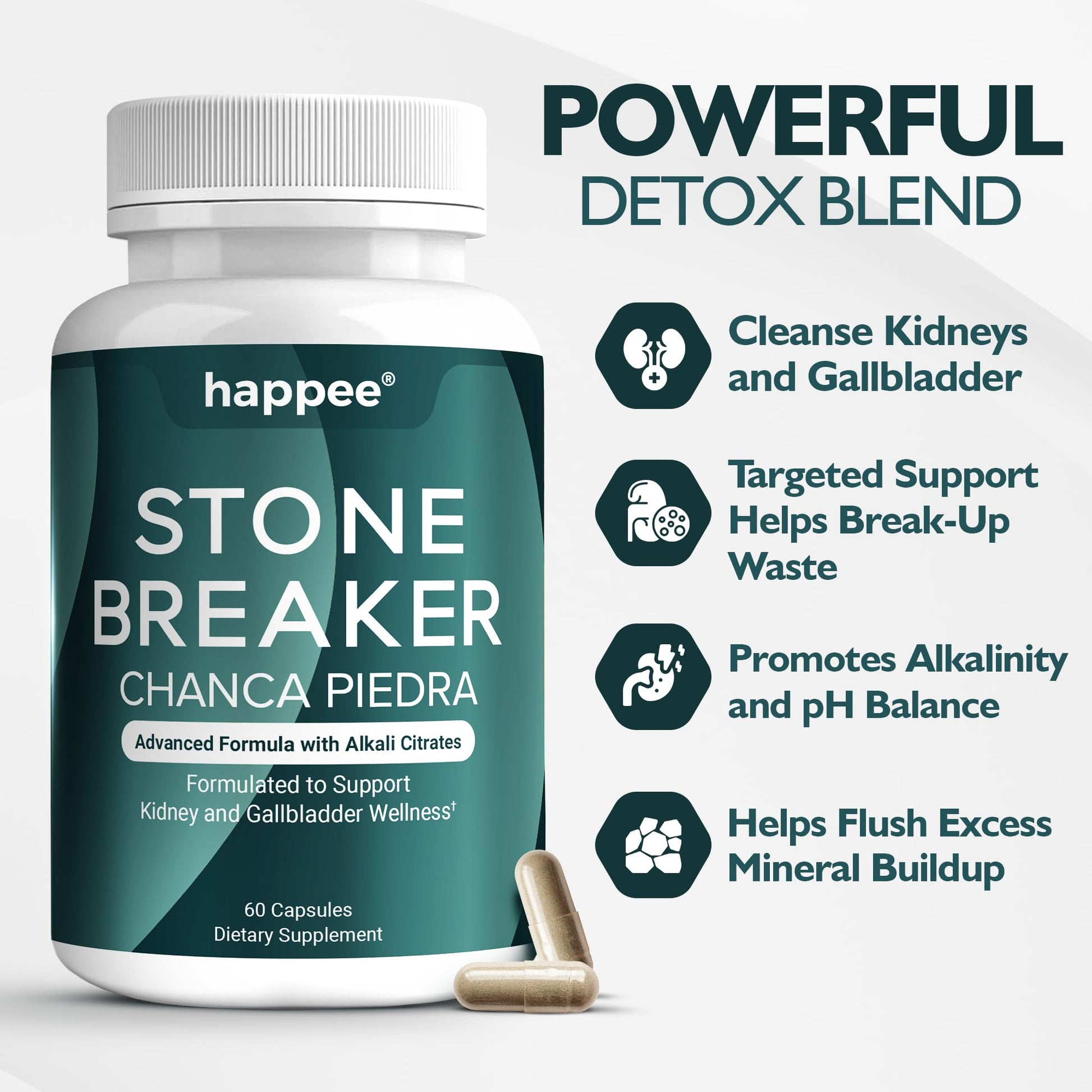 Happee Chanca Piedra Stone Breaker Kidney & Gallbladder Cleanse – Kidney Stone Dissolver & Passage Support - High Potency Phyllanthus Niruri with Magnesium, Potassium & Herbal Blend - 60 Capsules HappeeAu supplements