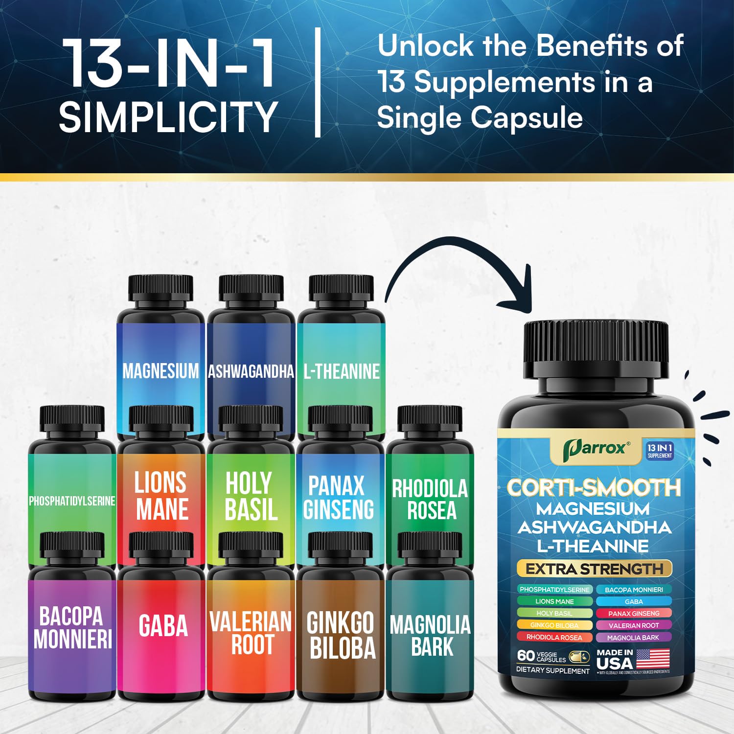 Parrox Corti-Smooth Cortisol Supplement Magnesium, L-Theanine, Ashwagandha, Phosphatidylserine, Valerian Root, Lions Mane, Bacopa Monnieri, Ginkgo Biloba, Panax Ginseng, Magnolia Bark, GABA (60 Caps) ParroxAu supplements