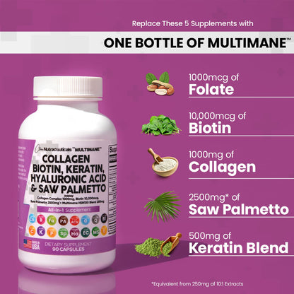 Collagen Pills 1000mg Biotin 10000mcg Keratin Saw Palmetto 2500mg 90 Ct Clean NutraceuticalsUS supplements