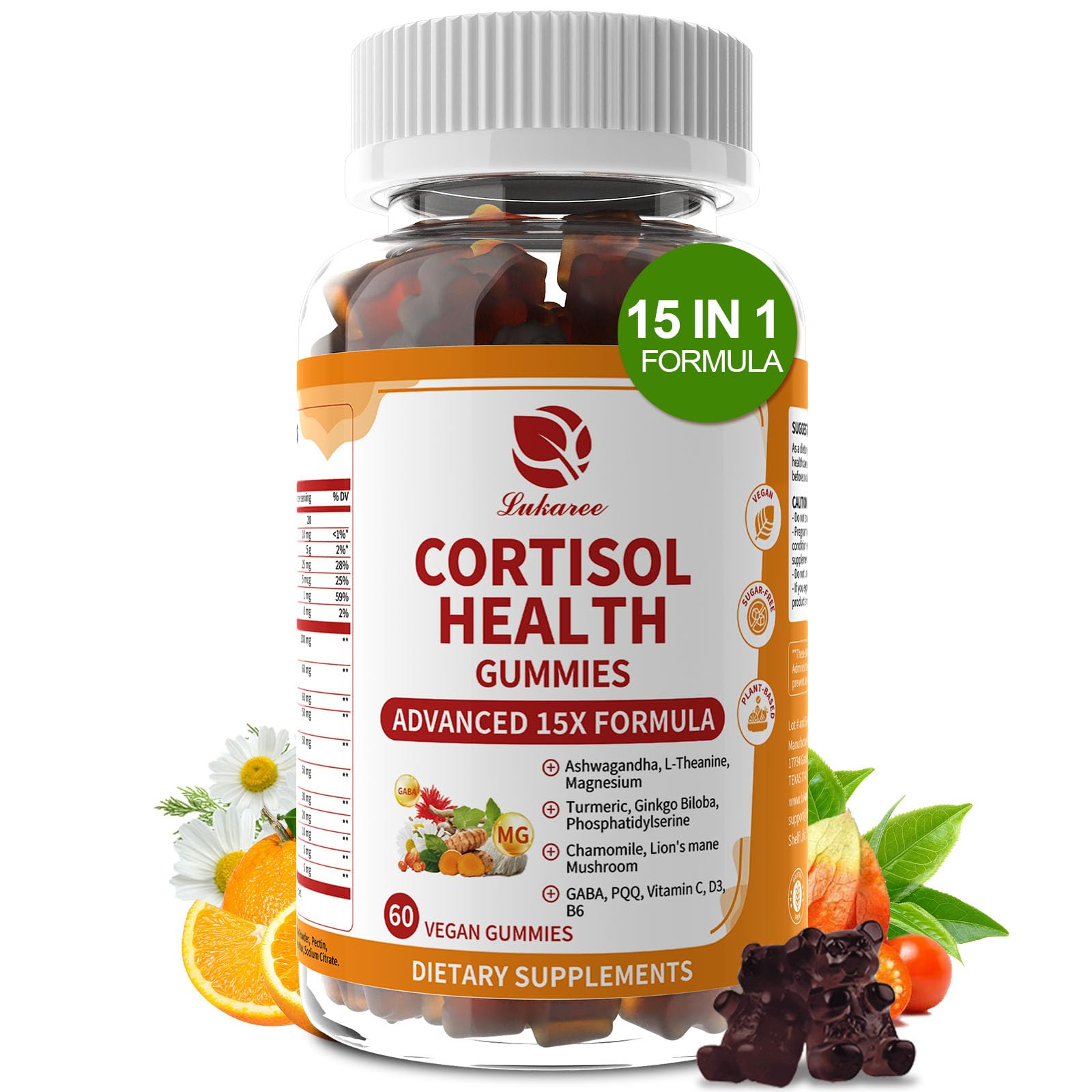 Lukaree Cortisol Supplements for Women & Men, 15 in 1 Cortisol Reducer Manager, Cortisol Calm Gummies with Ashwagandha, Magnesium, L-theanine, GABA - for Mood, Focus, Sleep - Vegan Sugar Free, 60 Ct. LukareeAu supplements
