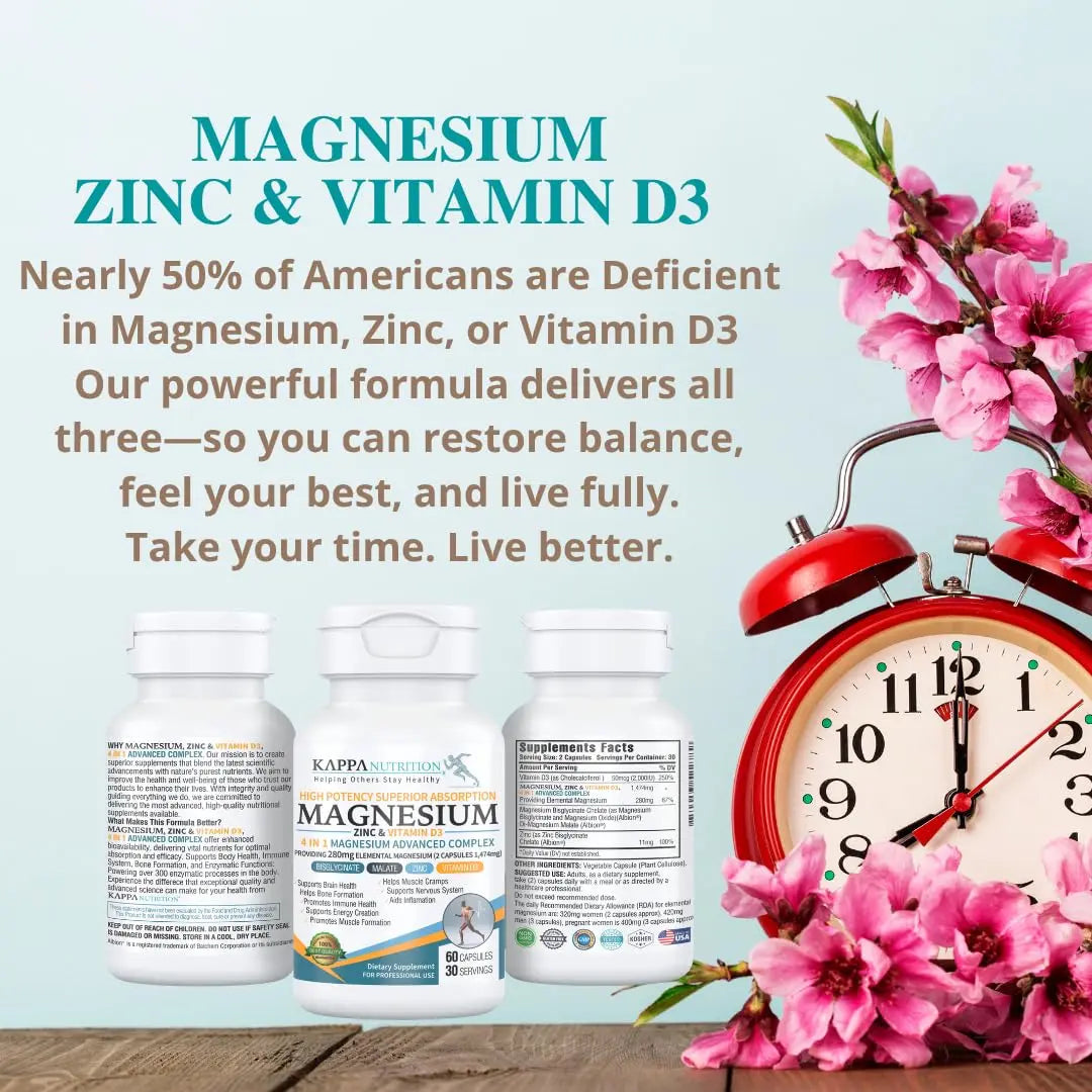 Kappa Nutrition Magnesium 4-in-1, 280mg Elemental Magnesium (Bisglycinate, Malate) + Zinc & Vitamin D3, Brain, Sleep, Energy, Muscle, Immune Support, 60 Vegan Capsules. KAPPA NUTRITIONnz supplements