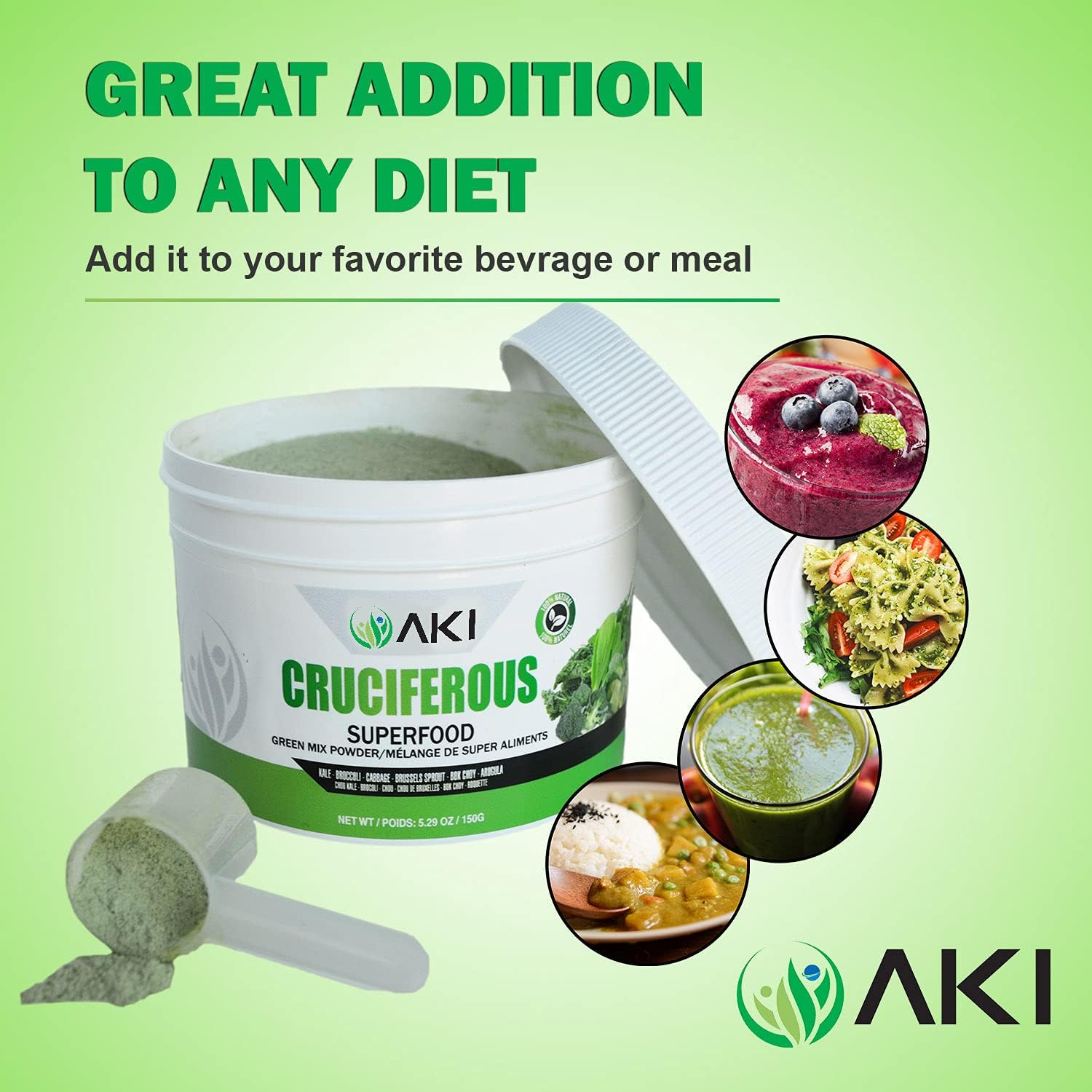 AKI Cruciferous Superfood Green Mix Powder - Made from Kale, Broccoli, Brussels Sprouts, Cabbage - Packed with Essential Phytonutrients & Vitamins ((5.3oz/150g)) AKI ORGANICAu supplements