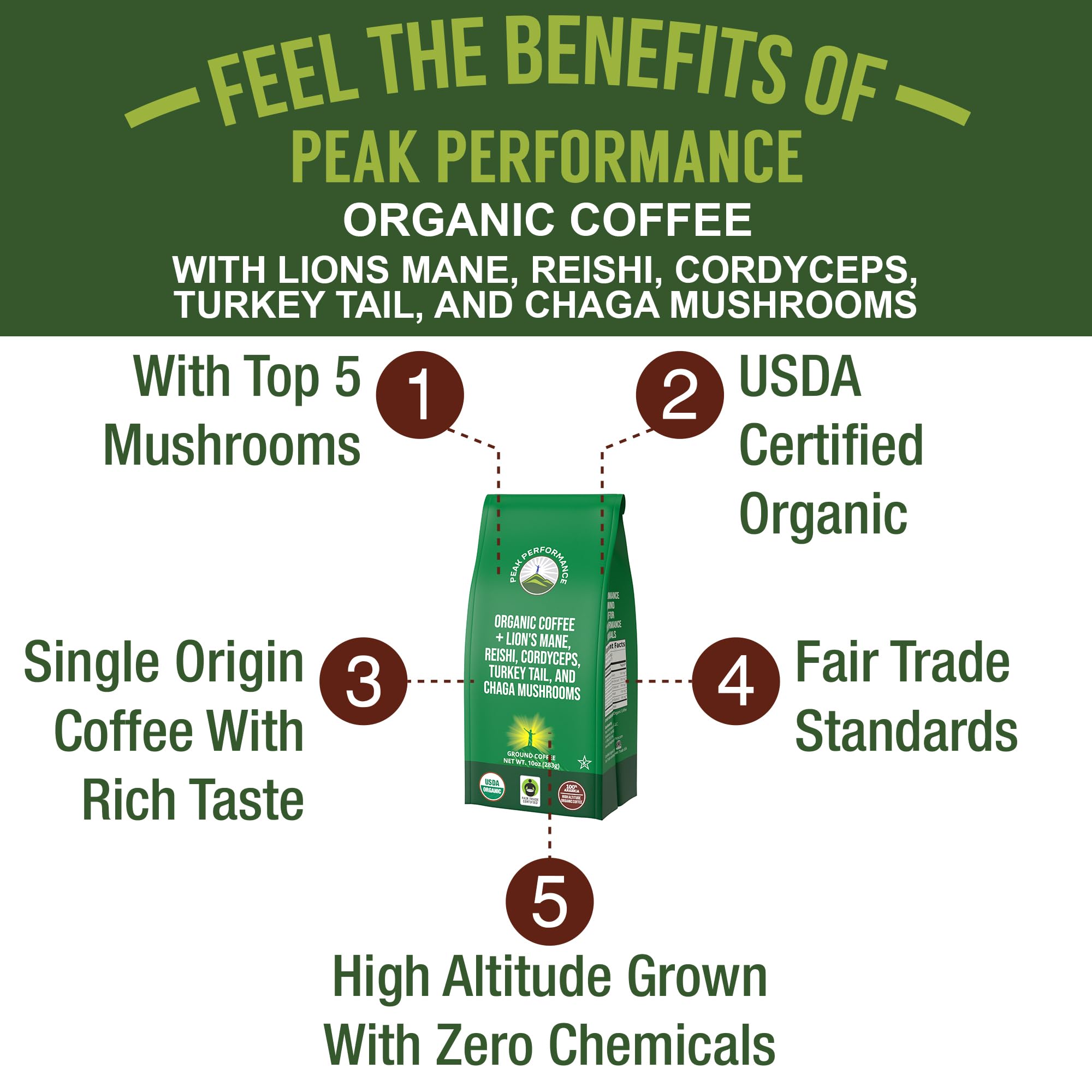 Organic Low Acid Mushroom Coffee with Lion's Mane, Reishi, Cordyceps, Turkey Tail, and Chaga Mushrooms - Great Tasting Premium High Altitude Medium Roast Ground Bags 10 oz by Peak Performance Peak PerformanceAu supplements