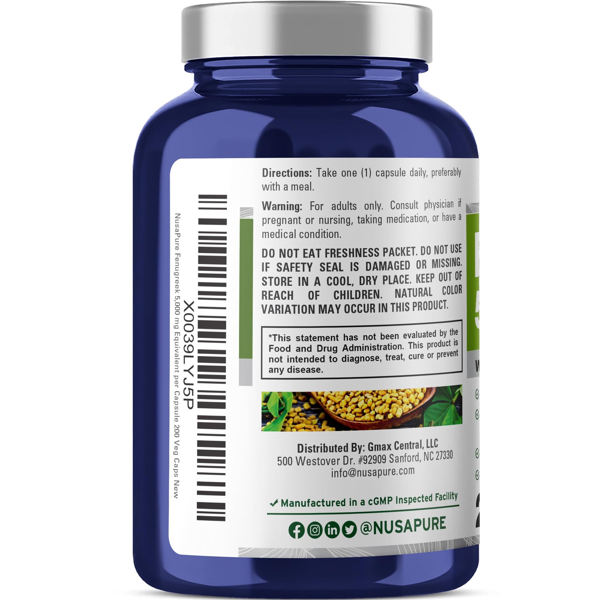 NusaPure Fenugreek Capsules, 50:1 Extract, 100 mg Equivalent to 5,000mg, 200 Veggie Caps, Non-GMO, Vegan NusaPureAu supplements