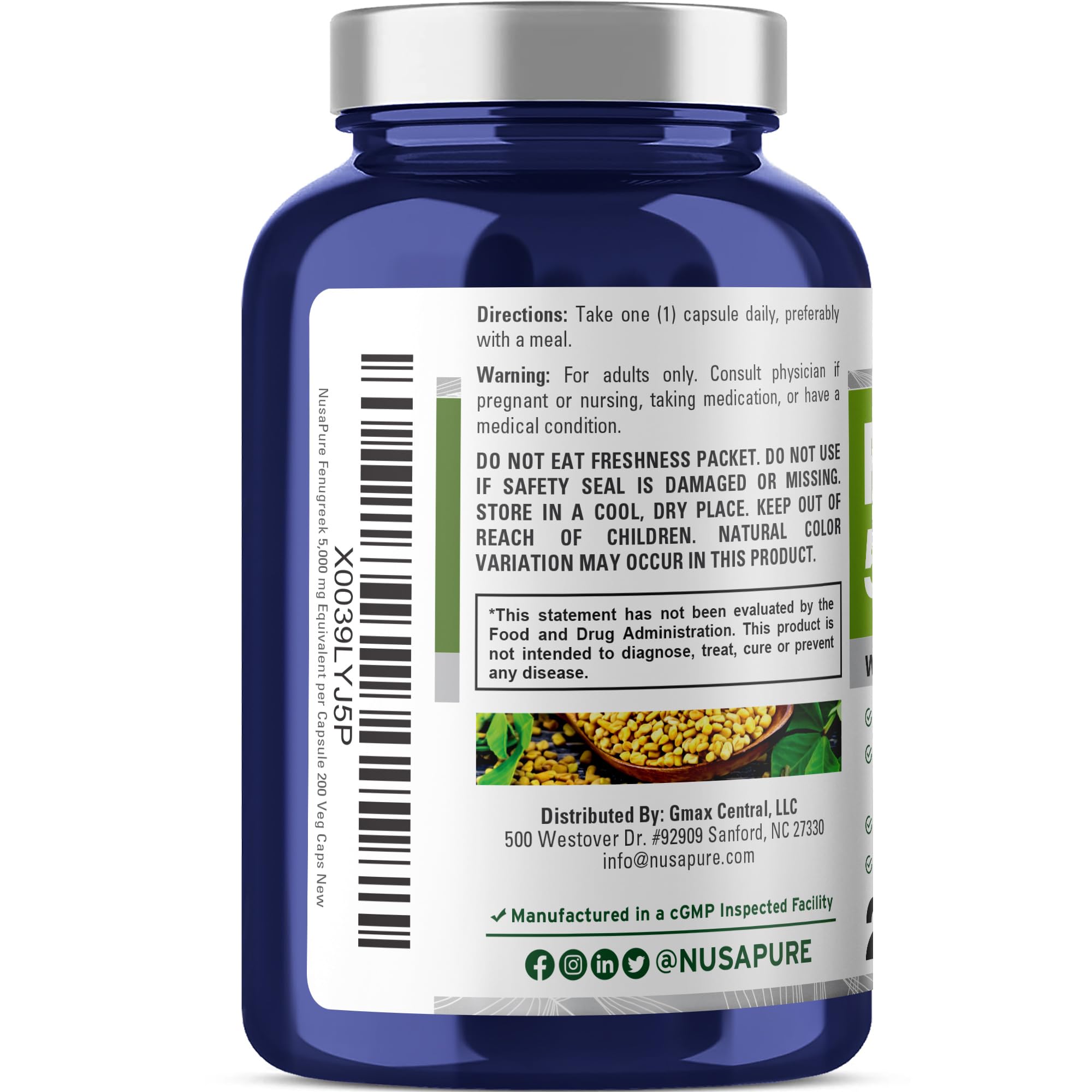 NusaPure Fenugreek Capsules, 50:1 Extract, 100 mg Equivalent to 5,000mg, 200 Veggie Caps, Non-GMO, Vegan NusaPureAu supplements