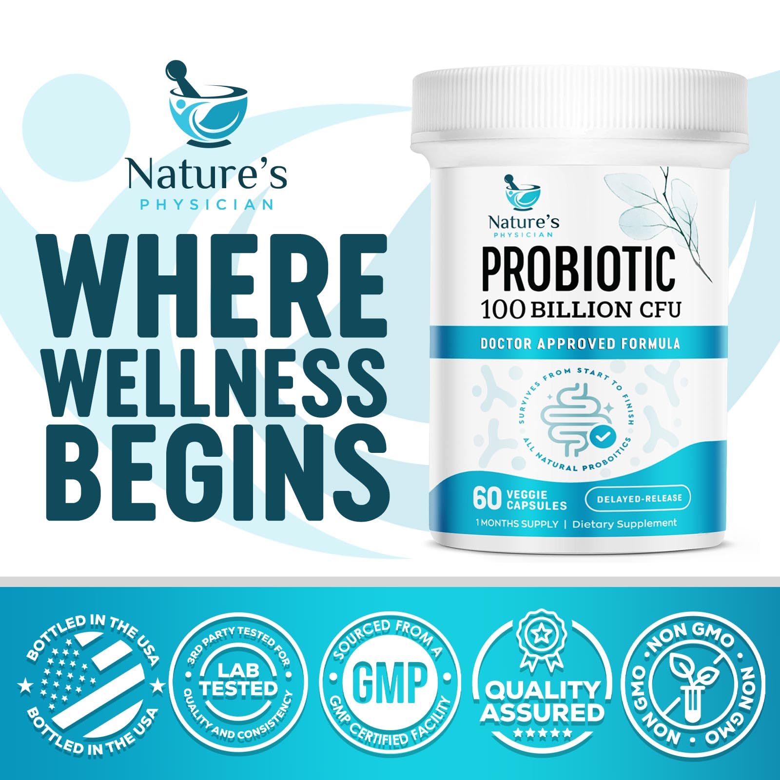 Nature's Physician Probiotics - 100 Billion CFU - 16 Strains + Prebiotics - Best Probiotic Supplement for Women & Men - Supports Immune, Digestive Health, Occasional Constipation & Gas - 60 Capsules Nature's PhysicianAu supplements