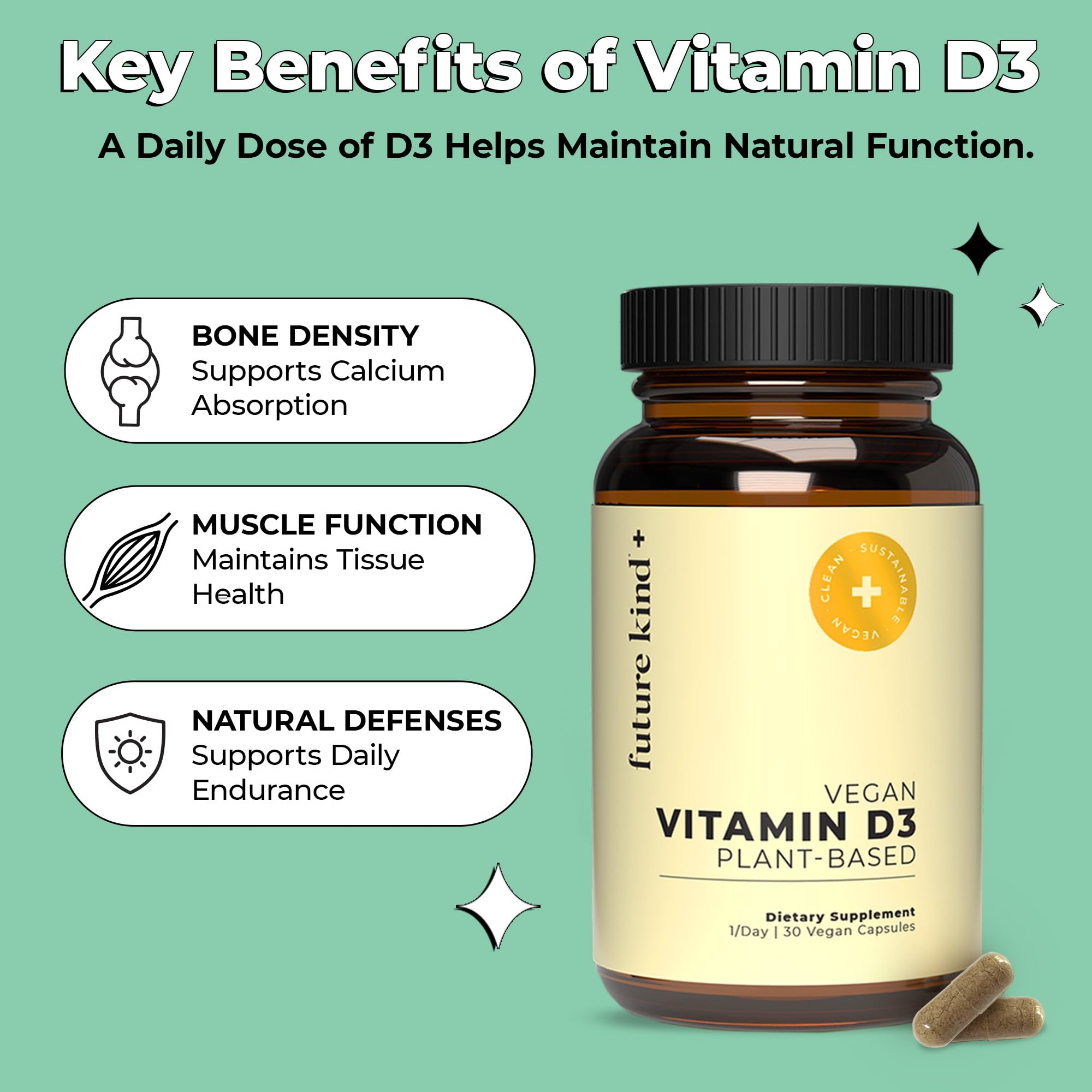 Future Kind Vitamin D3 2500 IU for Bone and Muscle Function, Vitamin D Vegan Supplement from Plant Lichen, Non-GMO, Sugar Free, Pure Vitamin D3, Promotes Natural Resilience, 30 Capsules Future KindAu supplements