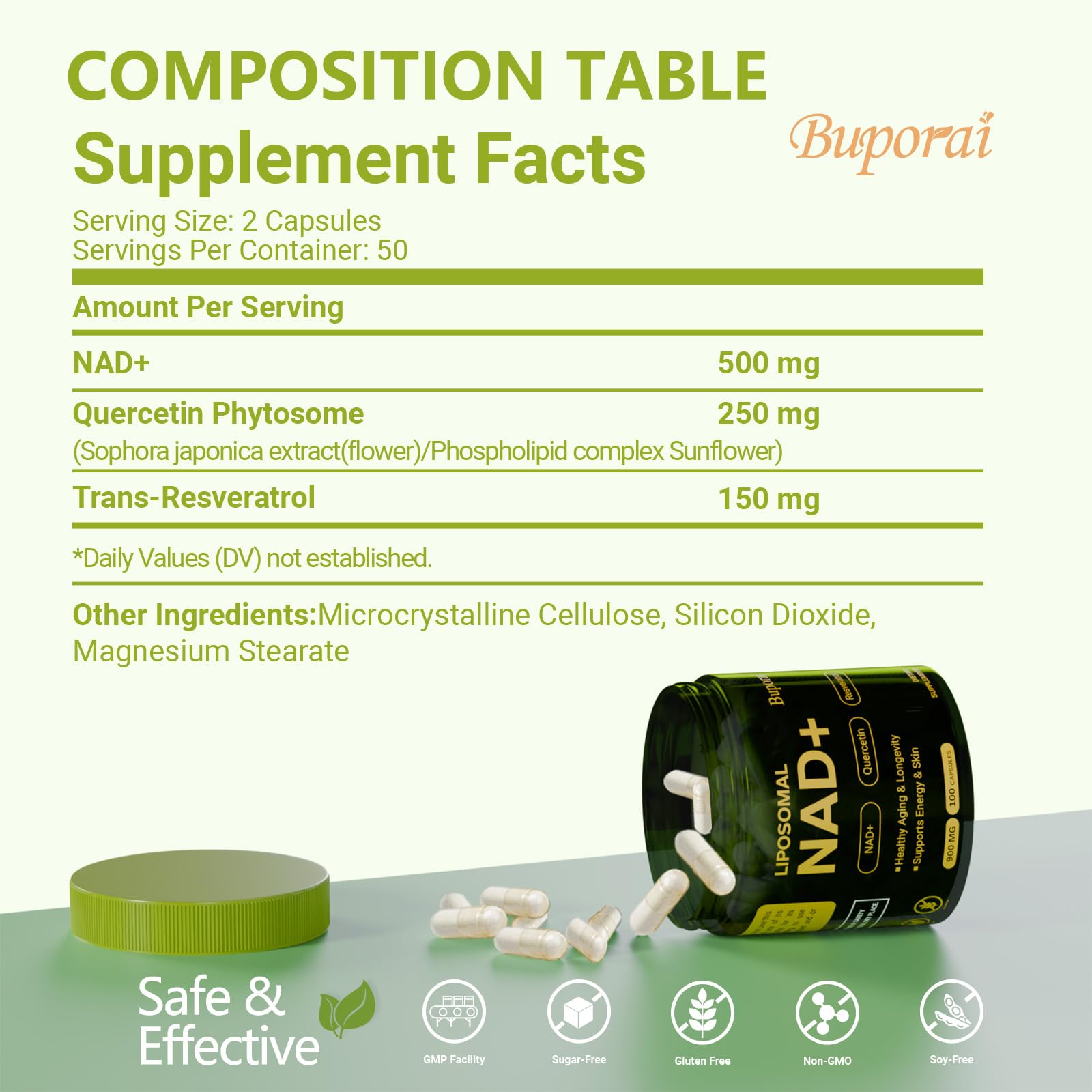 Buporai NAD Supplement 900mg with Resveratrol & Quercetin, NAD Supplement for Anti-Aging, Cellular Energy & Repair-100 Capsules BuporaiAu supplements