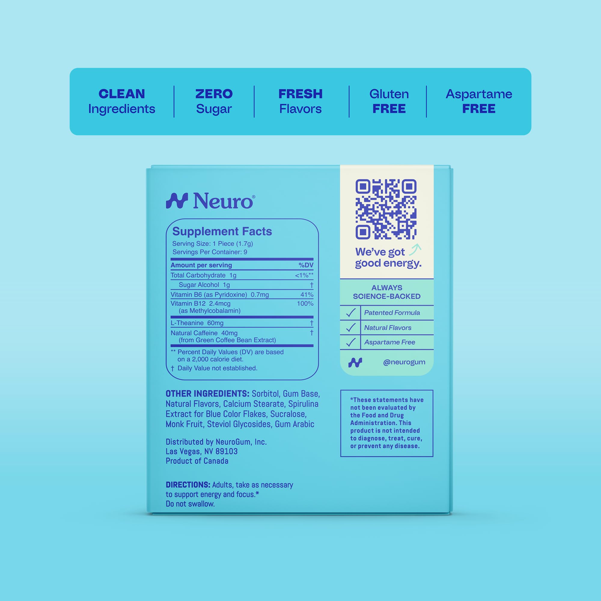 Neuro Energy & Focus Gum - 40mg Natural Caffeine Gum & Nootropic Energy Supplement with L-Theanine & B Vitamins - Sugar Free, Vegan - Peppermint, 54ct NeuroAu supplements
