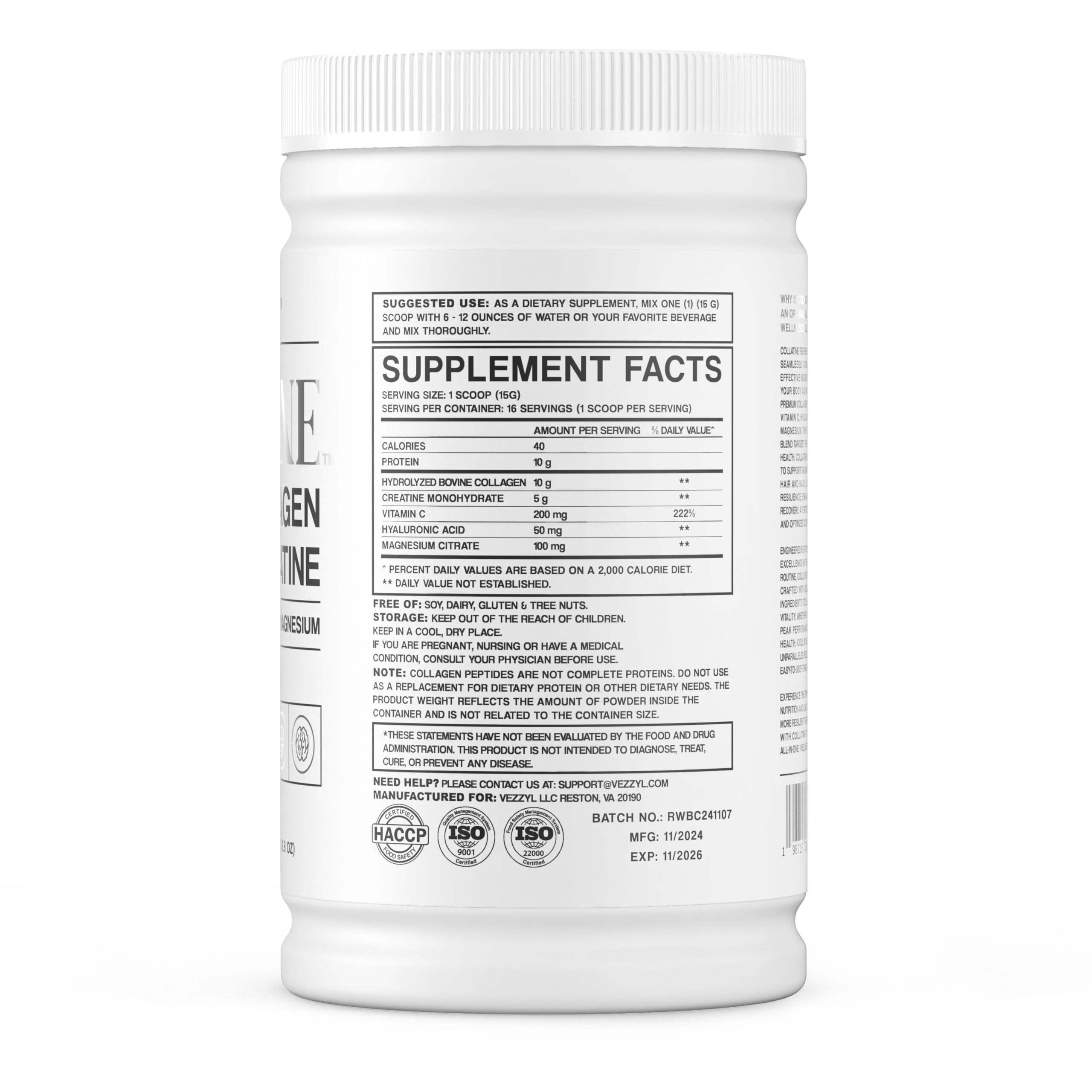 Vezzyl - Collatine - Premium Collagen Peptides + Creatine with Vitamin C, Hyaluronic Acid and Magnesium for Skin, Hair, Nails, Bone & Joint, Muscle, Immune and Cognitive Aid (.55 LB (250 G/8.8 OZ) VezzylAu supplements