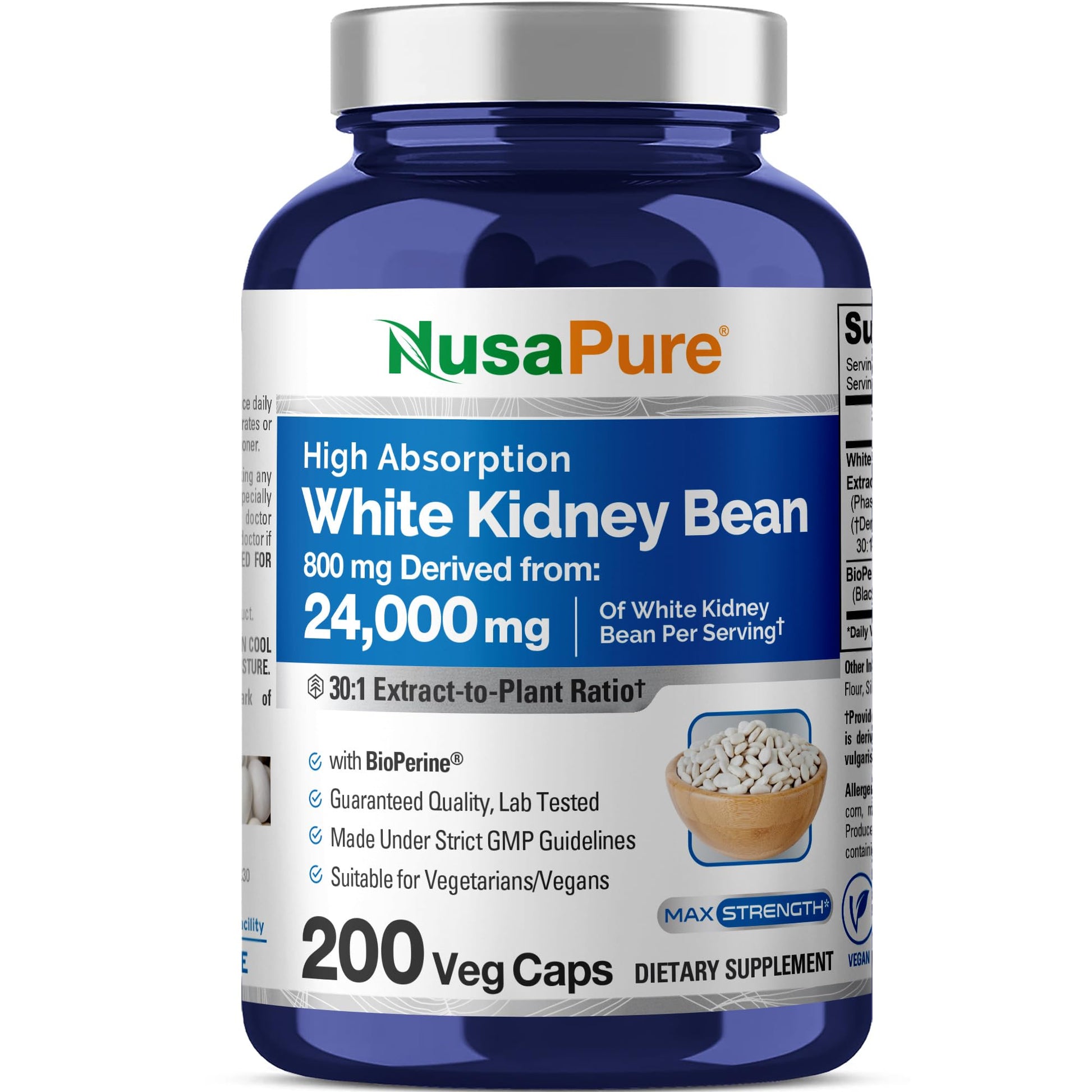 NusaPure White Kidney Beans 30:1 Extract, 800 mg Equivalent to 24,000 mg 200 Vegan Capsules - Bioperine - (Vegan, Non-GMO) NusaPureAu supplements