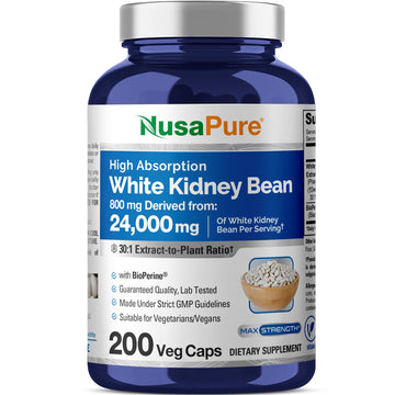 NusaPure White Kidney Beans 30:1 Extract, 800 mg Equivalent to 24,000 mg 200 Vegan Capsules - Bioperine - (Vegan, Non-GMO) NusaPureAu supplements