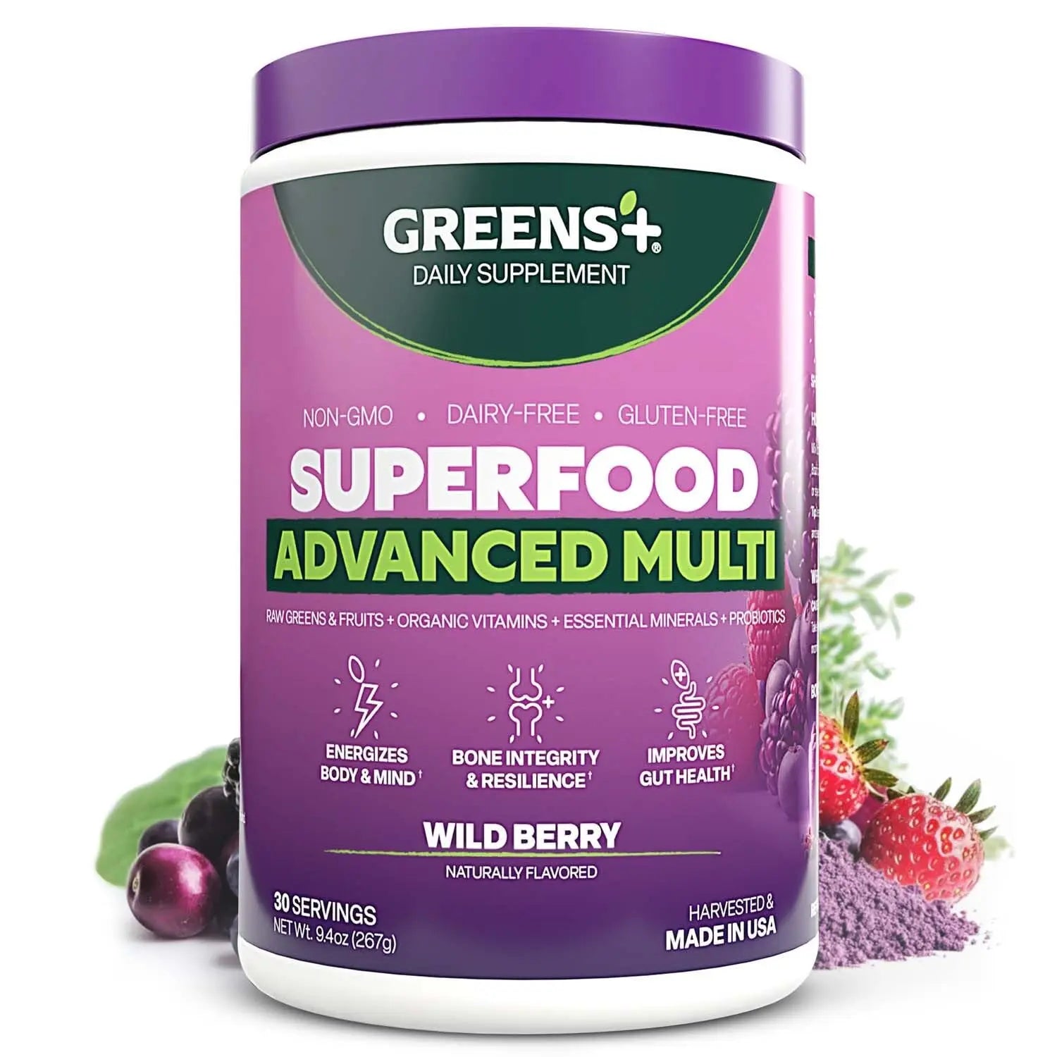 Greens+ Advanced Multi Wild Berry Superfood Powder, Organic Blend, Vegan, Non-GMO, Soy-Free, Dairy-Free, Gluten-Free, Dietary Supplement with Vitamins & Minerals, 9.4 oz Greens+Au supplements
