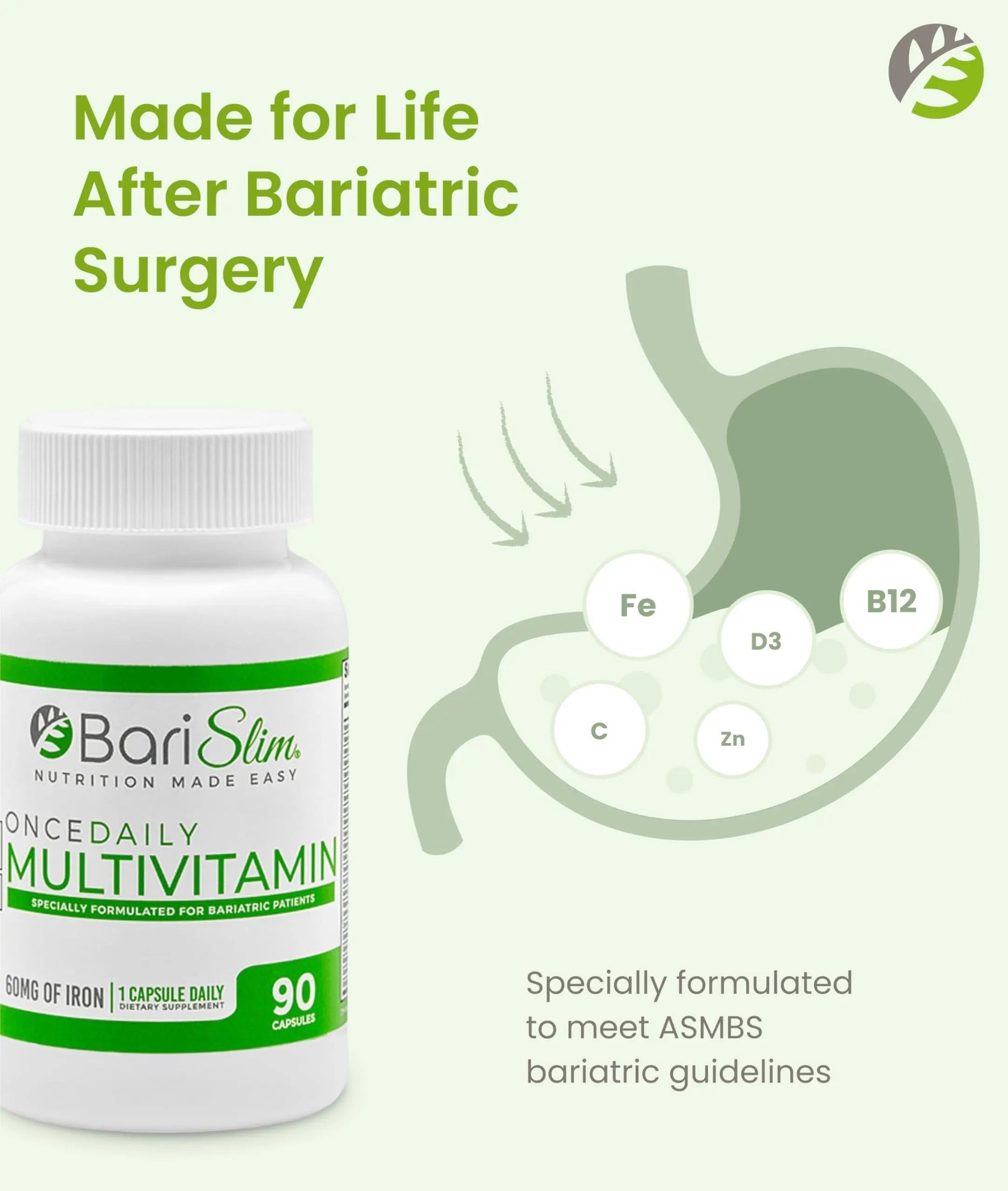 BariSlim Once Daily Bariatric Multivitamin Capsule - 60mg of Iron - Bariatric Vitamin & Supplement for Post WLS Surgery Including Gastric Bypass BariSlimAu supplements