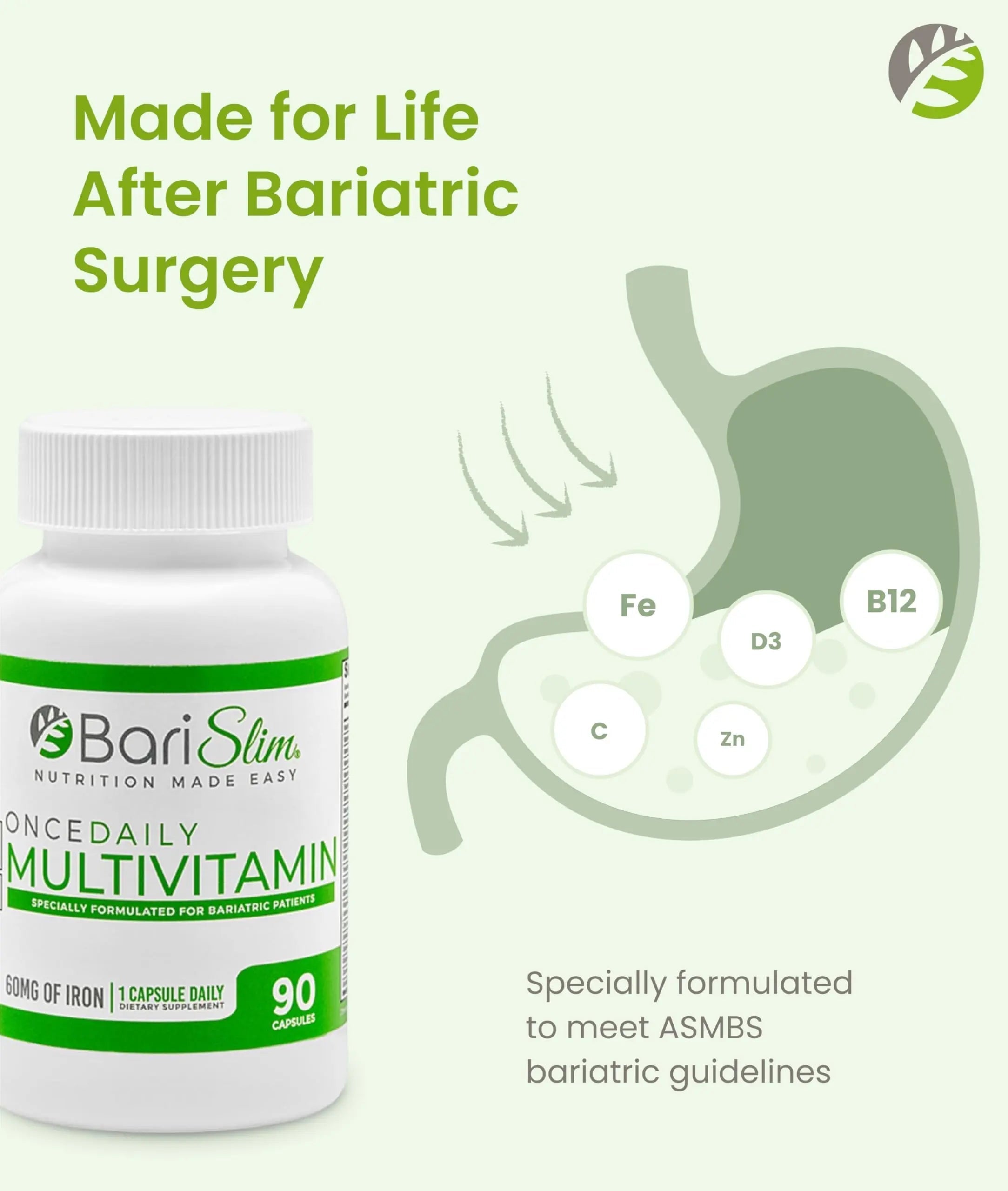 BariSlim Once Daily Bariatric Multivitamin Capsule - 60mg of Iron - Bariatric Vitamin & Supplement for Post WLS Surgery Including Gastric Bypass BariSlimAu supplements