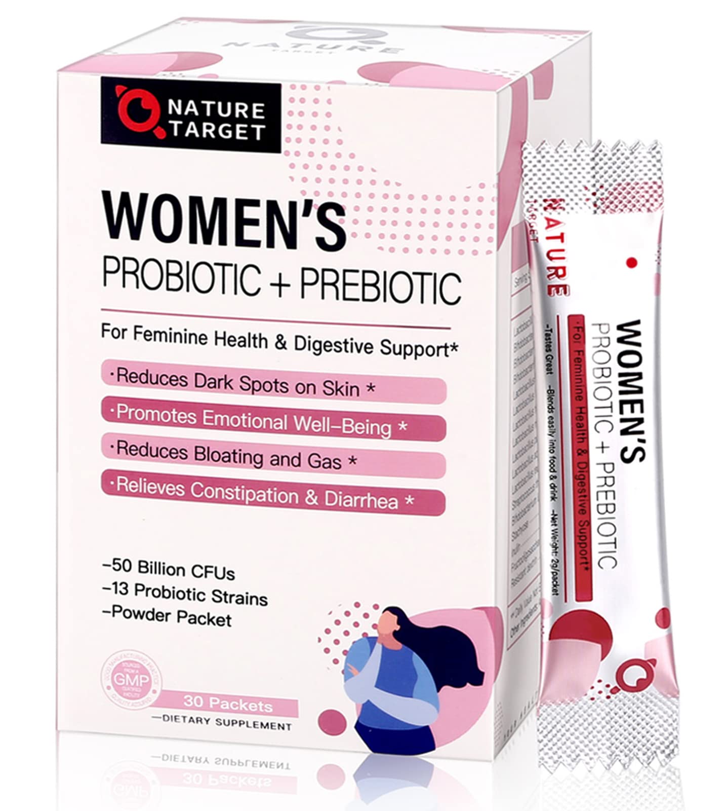 NATURE TARGET Probiotics for Women Probiotic Powder - 50 Billion CFUs, 13 Strains Supports for Digestive Vaginal Health, Bloating Relief, 30 Stick Packs NATURE TARGETAu supplements