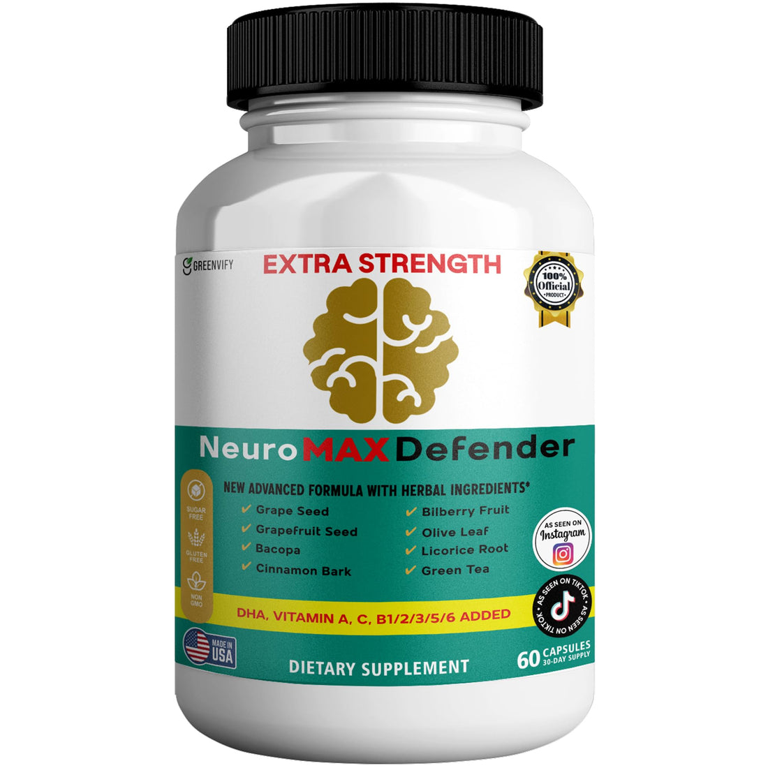 GREENVIFY NeuroMAX Defender Extra Strength Brain Support Supplement with Herbal Blend, 60 Capsules, DHA, B12, Vitamins A C D E, Selenium, 30-Day Supply (1) GREENVIFYAu supplements