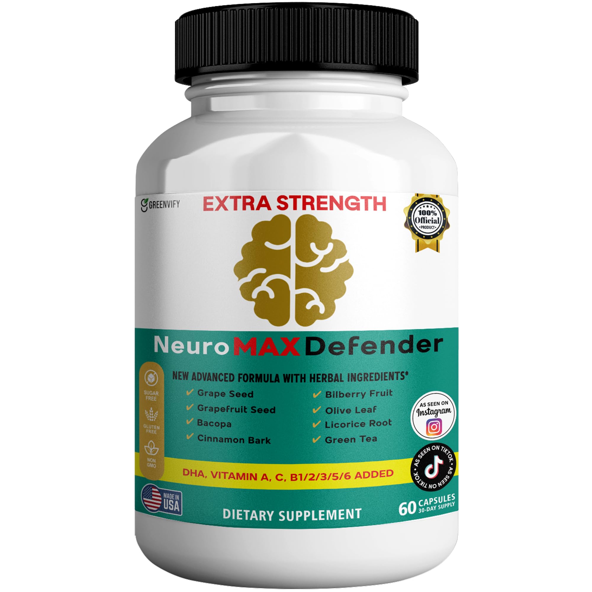 GREENVIFY NeuroMAX Defender Extra Strength Brain Support Supplement with Herbal Blend, 60 Capsules, DHA, B12, Vitamins A C D E, Selenium, 30-Day Supply (1) GREENVIFYAu supplements