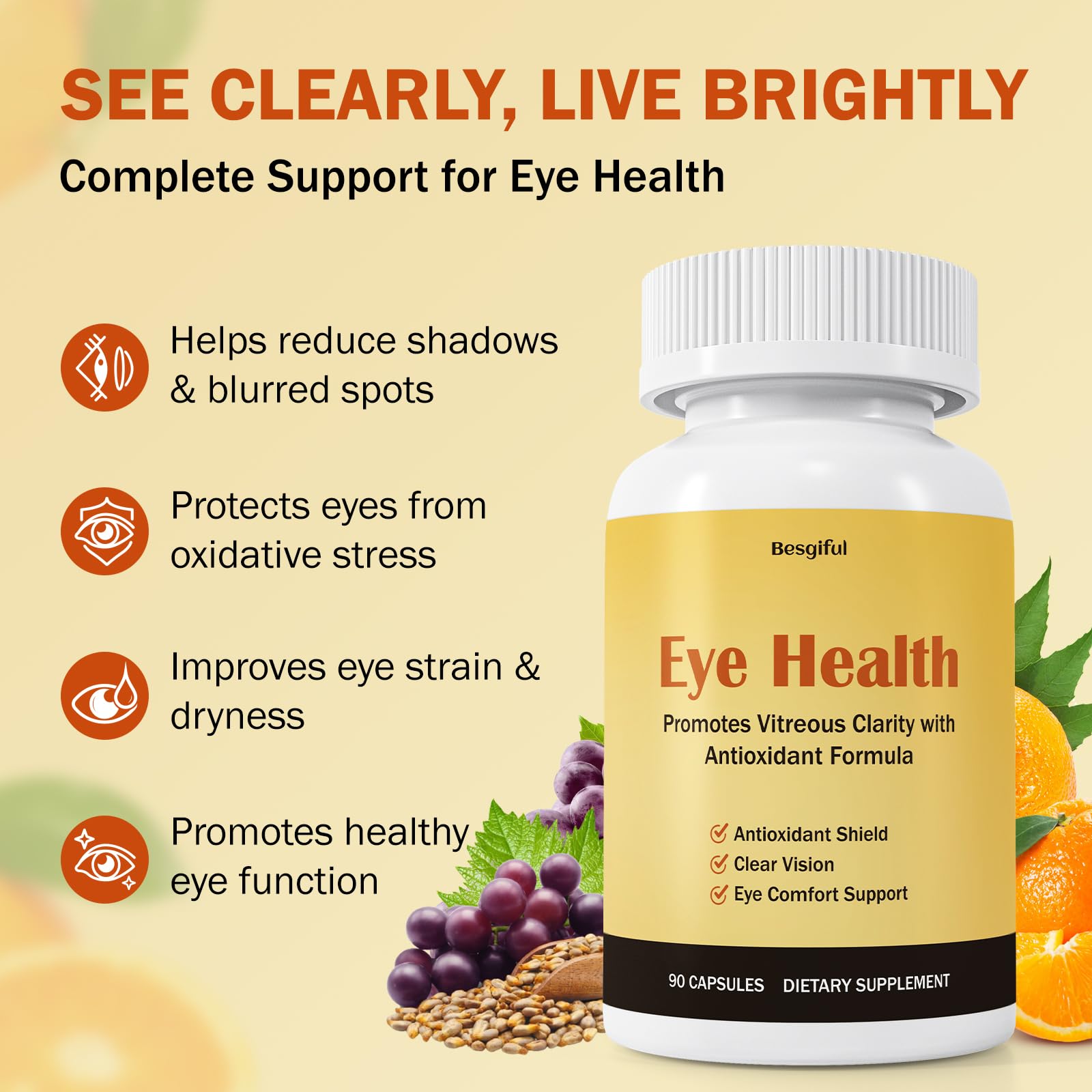 Besgiful Eye Supplement for Vitreous Health, Promotes Clear Vision, Improves Eye Strain & Dryness, Reduces Squiggly Lines, Eye Degeneration, Clear Eye Support, 90 Vegan Capsules BesgifulAu supplements